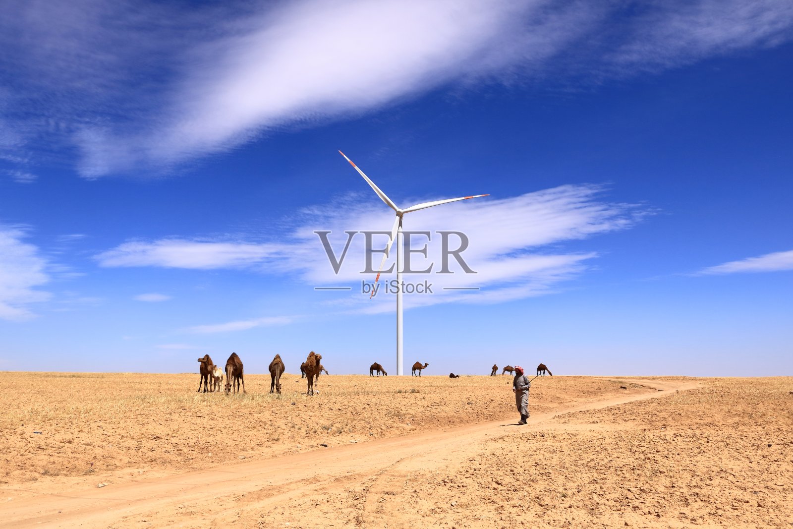 贝都因人带着骆驼在风电场的阴影下穿过沙漠照片摄影图片