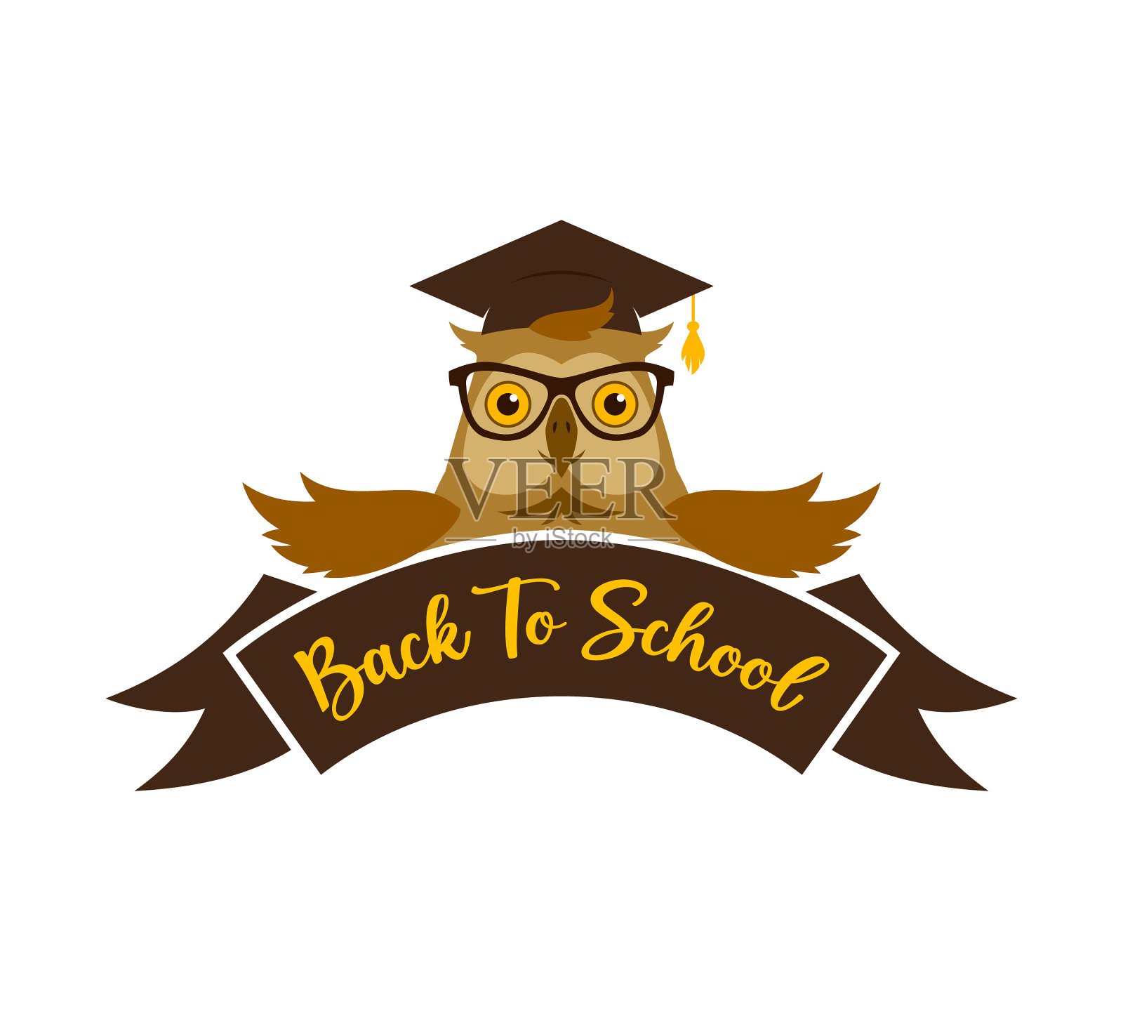 戴着学帽，戴着眼镜，回到校徽上，图案是猫头鹰展开的翅膀插画图片素材