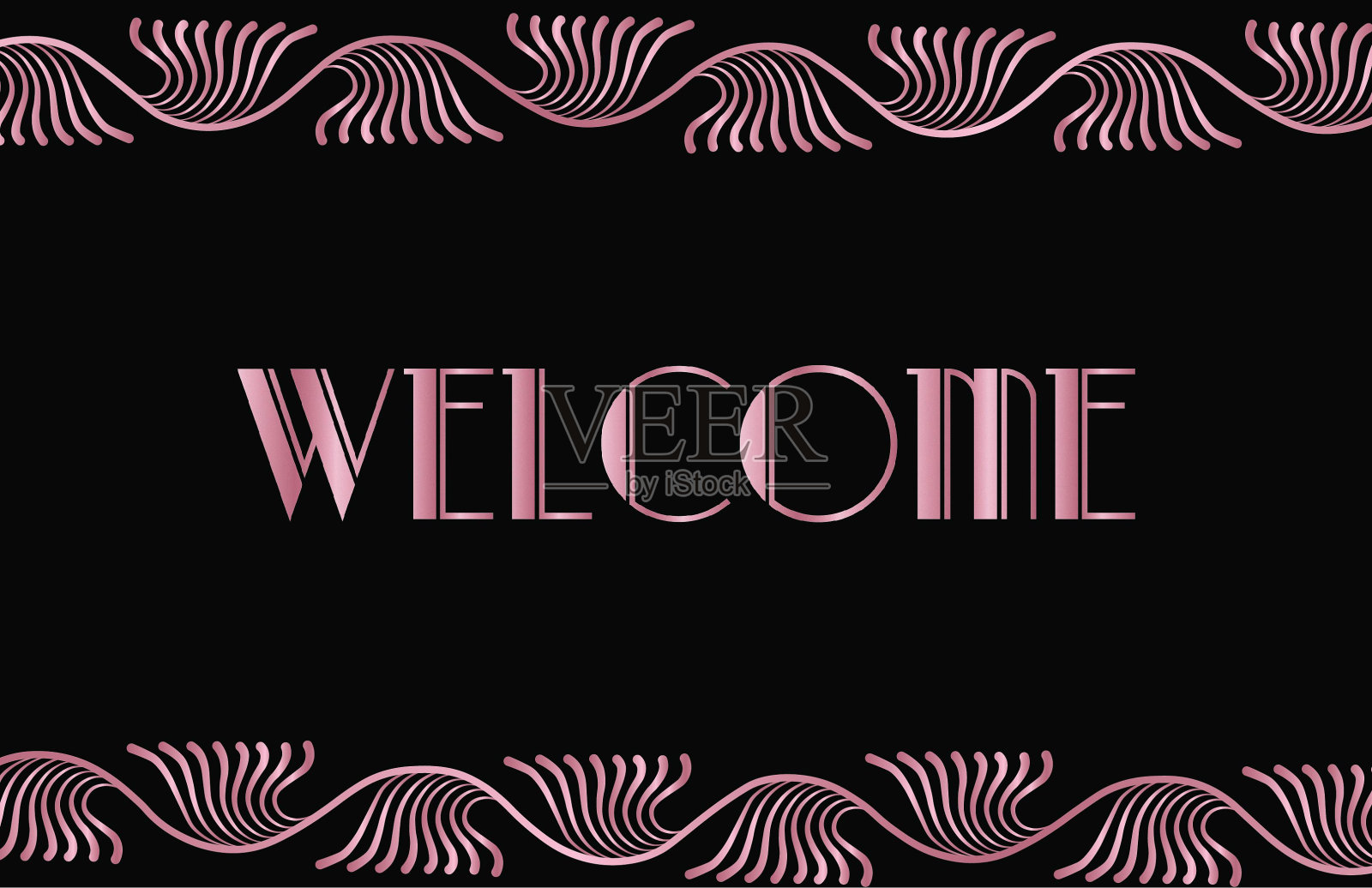 欢迎文字，装饰艺术风格，粉红色的金色文字，绿色背景插画图片素材