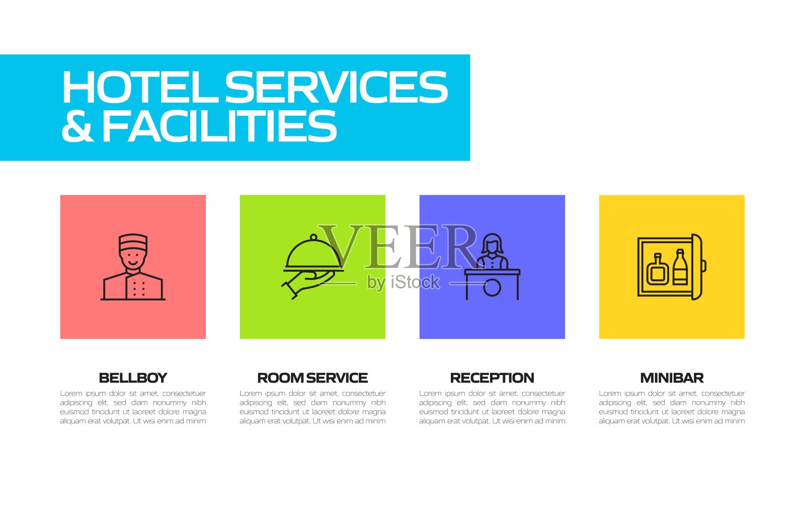 酒店服务和设施简单线图标集。接待，服务员，预订，床，套房，餐厅，SPA，赌场插画图片素材