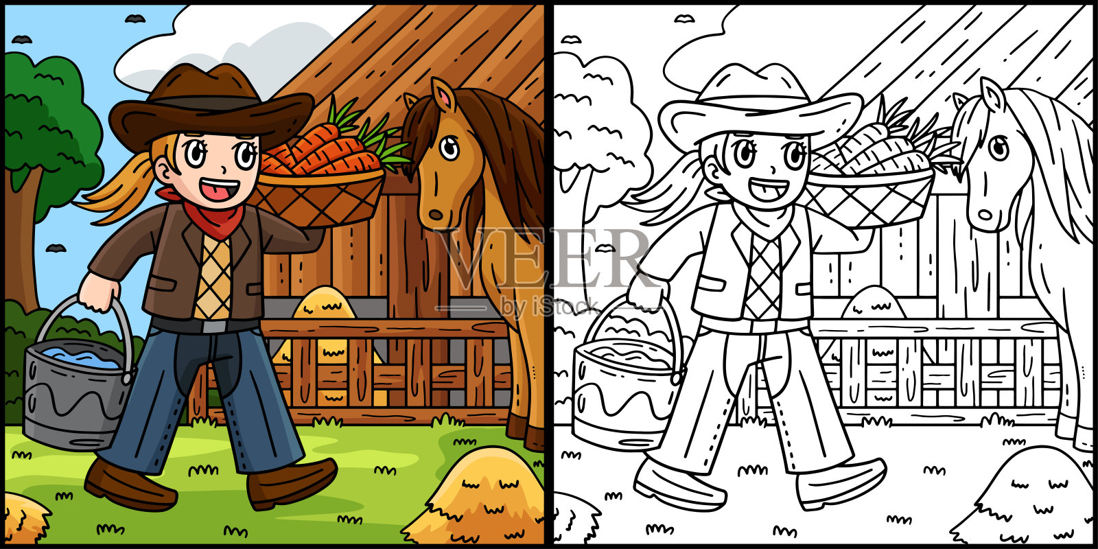 牛仔女与胡萝卜桶水插图插画图片素材