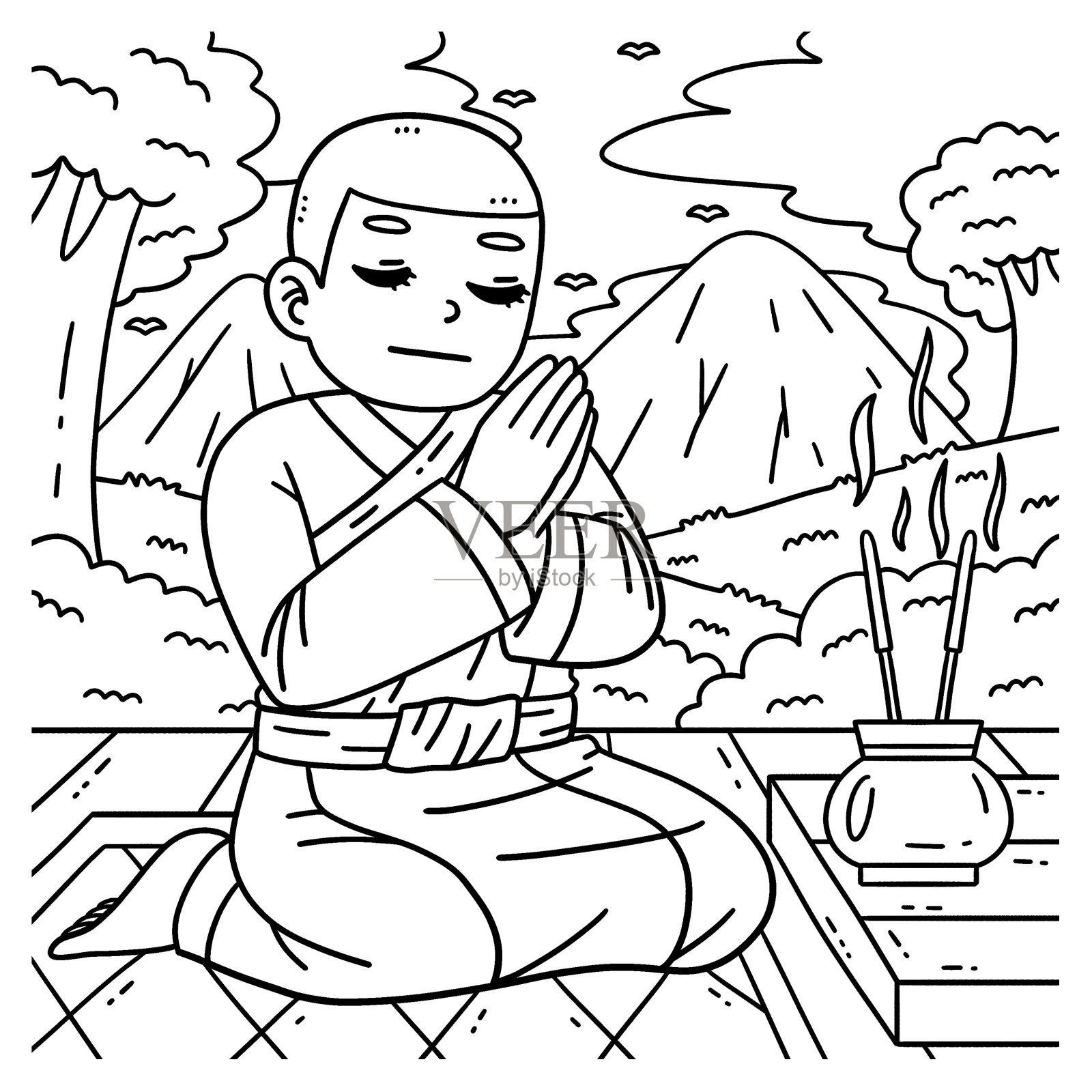 【佛教】女性佛教徒献祷着色插画图片素材