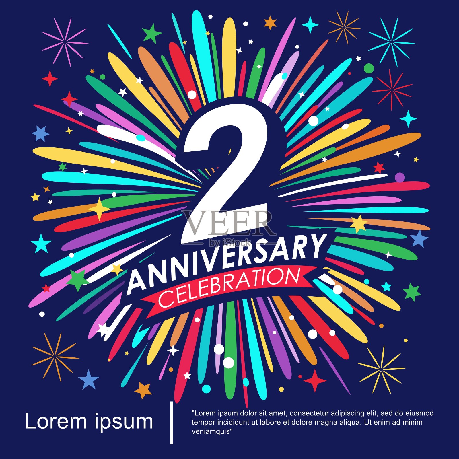 两周年校庆徽章。周年纪念标志与红色丝带和彩色烟花背景隔离。矢量插图模板设计的网页，传单，海报，问候和邀请卡插画图片素材