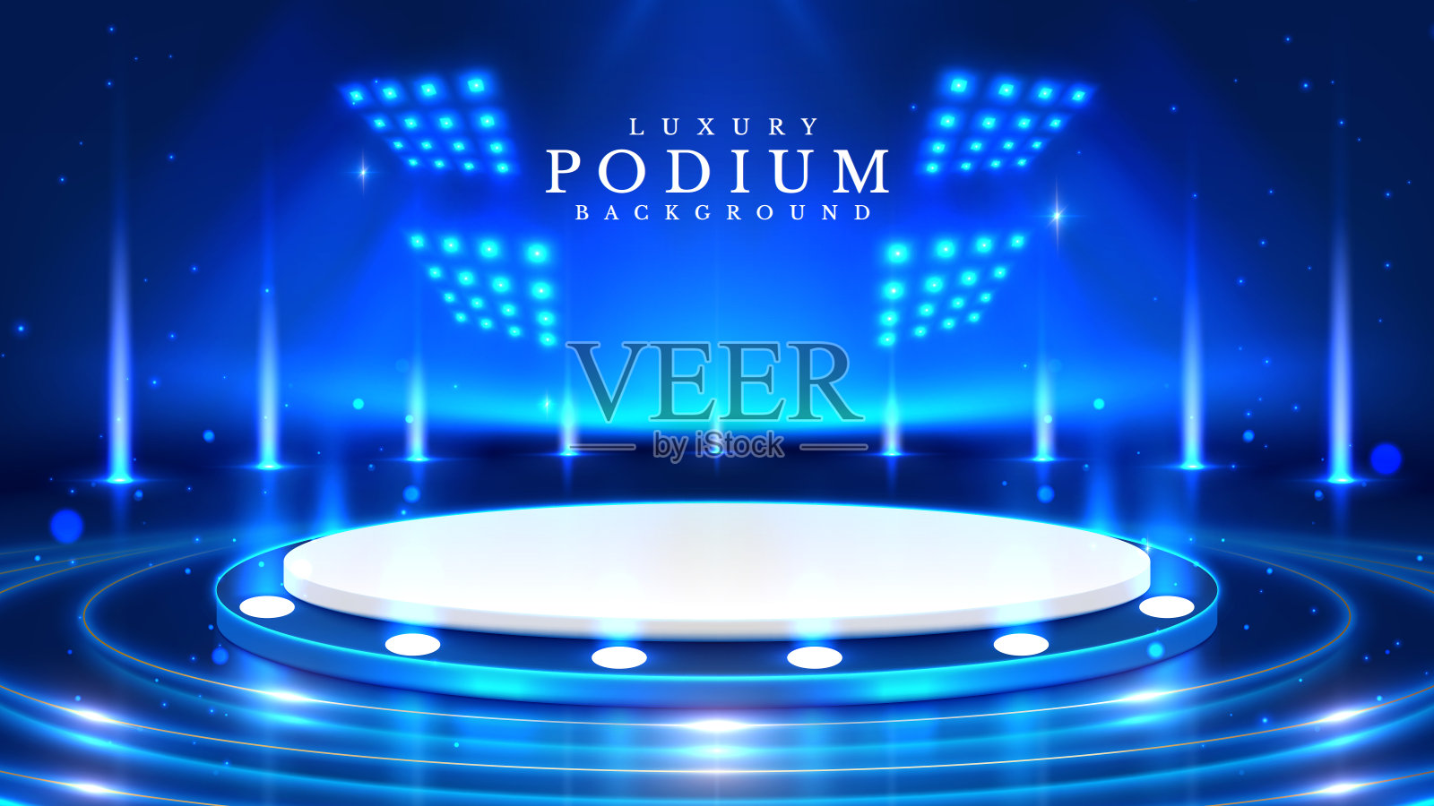 空的蓝色底座周围有明亮的圆形霓虹灯，装饰有散景元素和星星。产品推广或颁奖典礼的优雅风格背景。矢量插图。插画图片素材