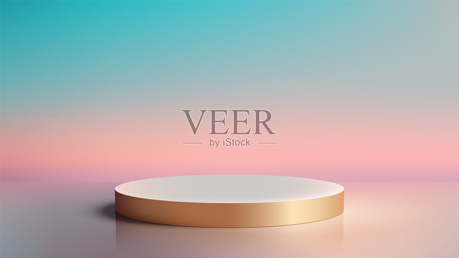 豪华风格3D金边白圈讲台上的渐变粉红色和蓝色的天空背景完美的自然概念产品展示模型展示插画图片素材