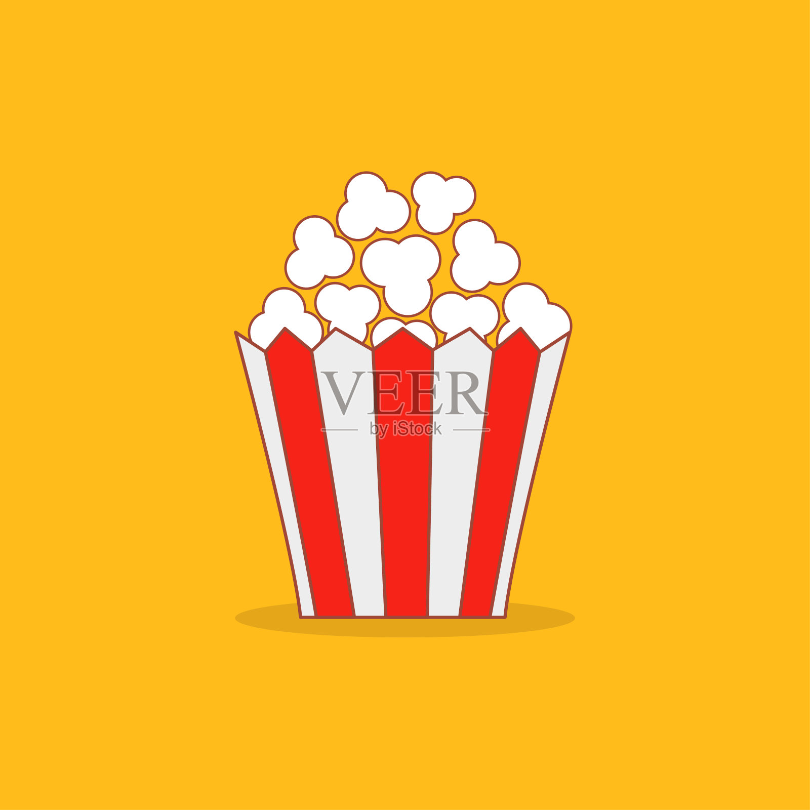 爆米花图标。红白红条盒子。等高线涂鸦。电影之夜。爆米花食品。可爱的电影院横幅装饰模板。平面设计风格。孤立。黄色背景。插画图片素材