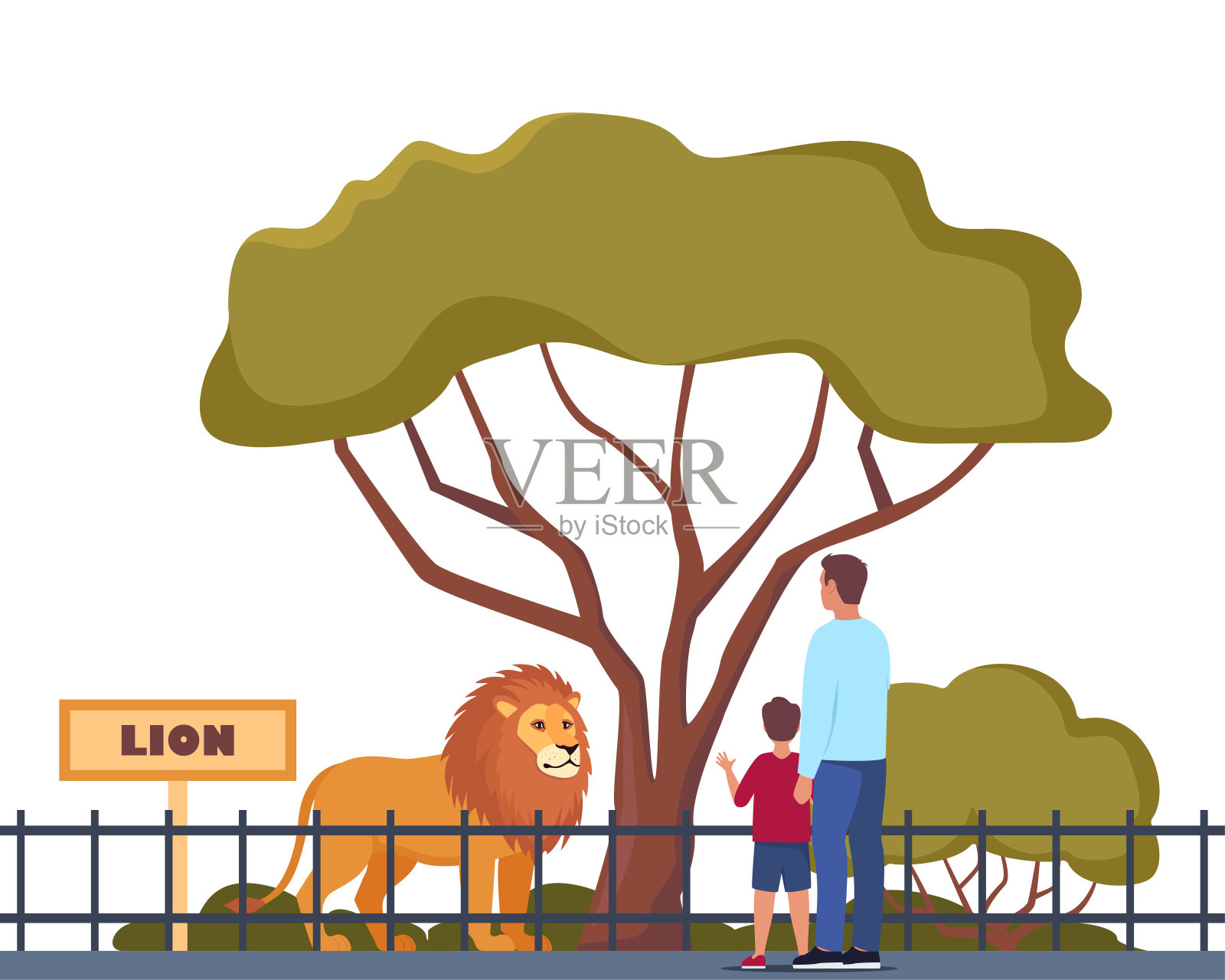 狮子在被栅栏包围的野生动物园。父母和孩子在动物园里看动物。矢量插图。插画图片素材