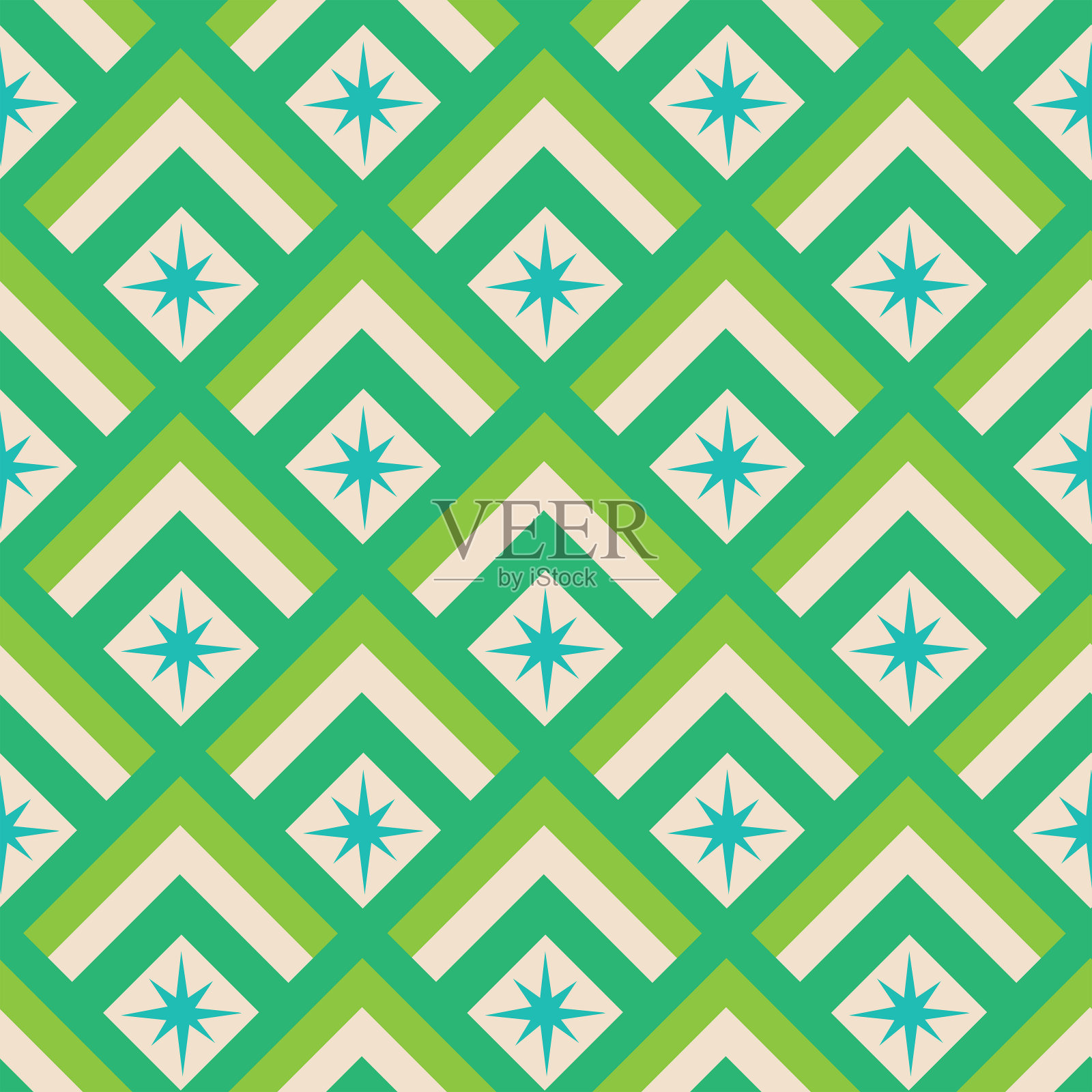 世纪中期的红色原子星爆发几何钻石无缝图案在绿色，石灰绿色和蓝绿色。插画图片素材