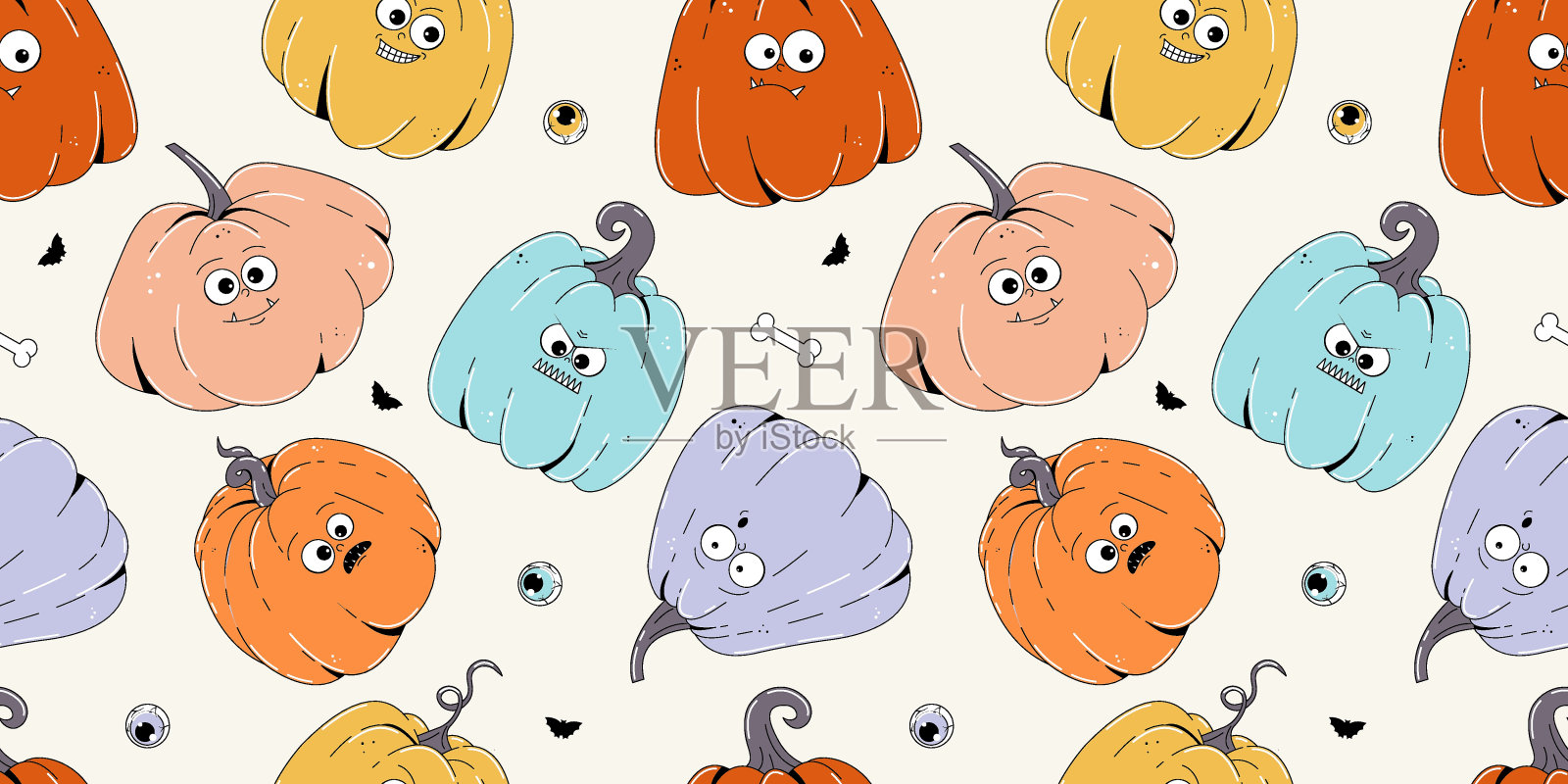 彩色无缝图案上快乐的万圣节主题。复古的时髦人物南瓜，吓人的脸。当代矢量插图。插画图片素材