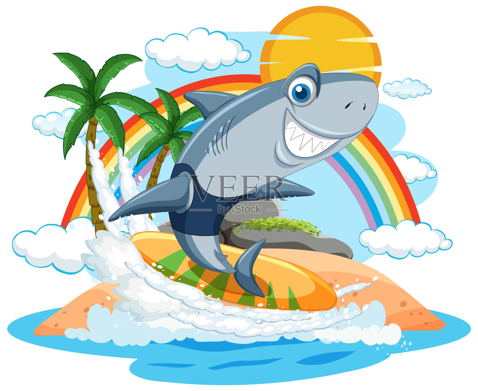 一只鲨鱼在阳光明媚的岛上冲浪插画图片素材