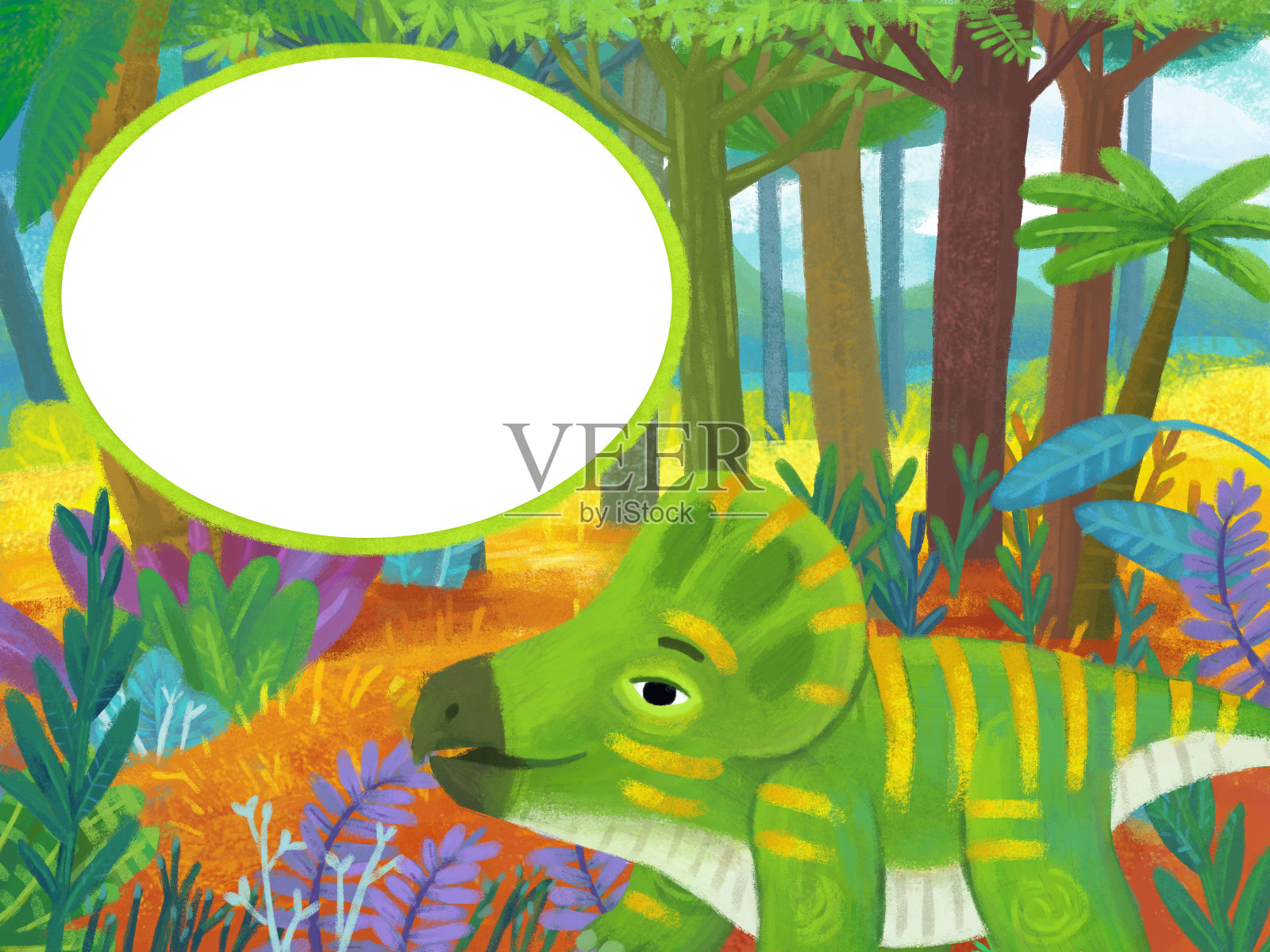 卡通自然场景作为框架边界模板与丛林森林与恐龙动物插图为儿童插画图片素材