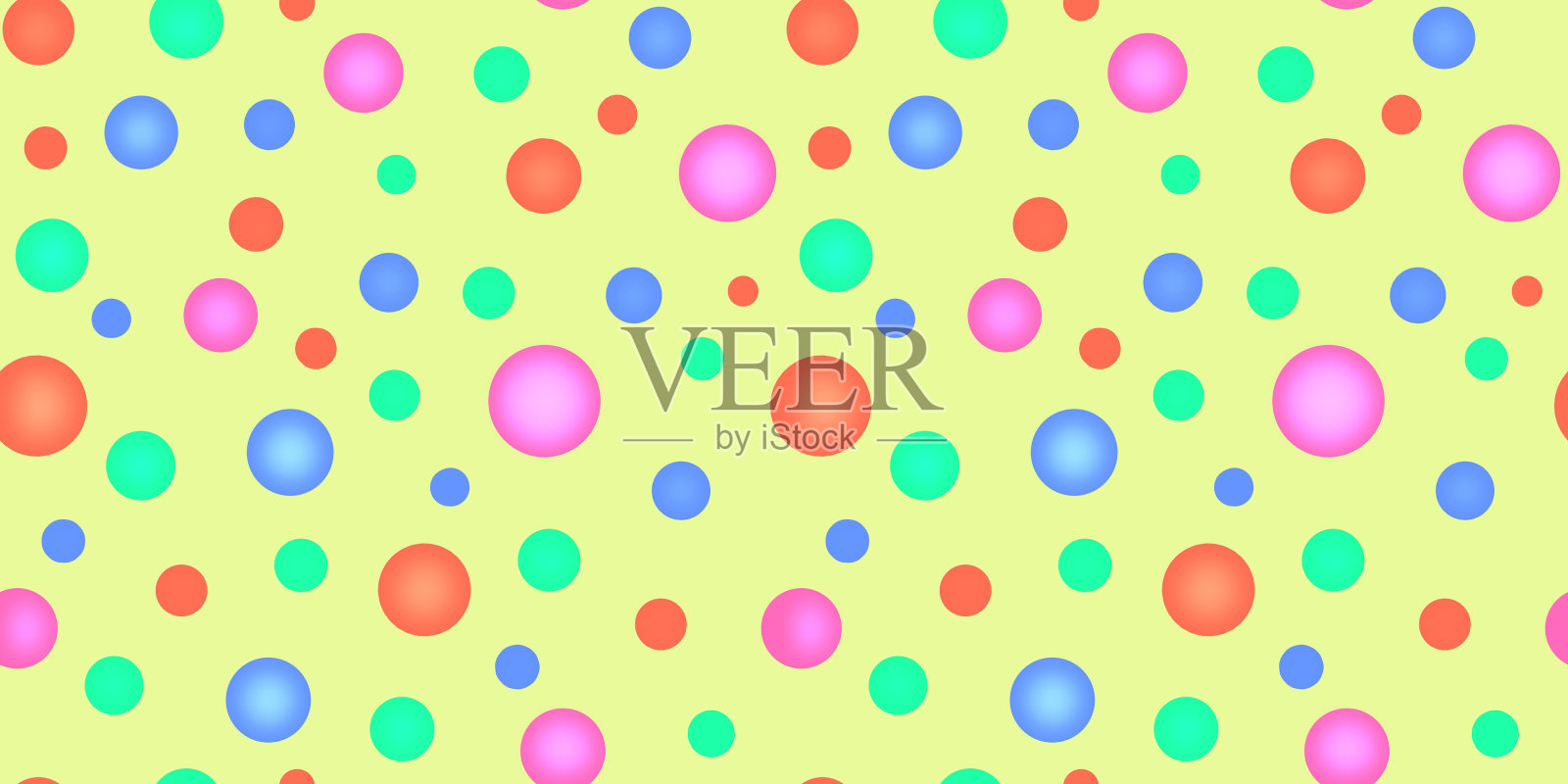无边框的无缝图案。明亮的多色圆3D和2D在一个普通的黄色背景。红色，蓝色，绿色，蓝色，粉色。包装纸、纺织品。插画图片素材
