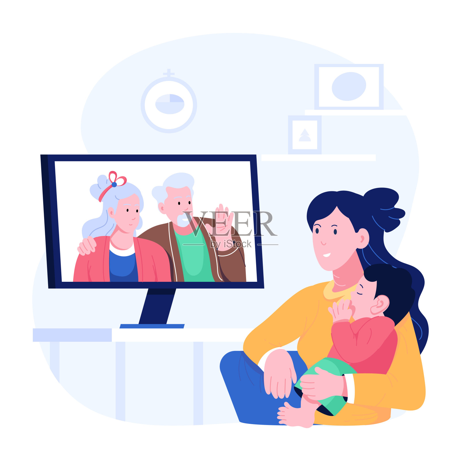 爷爷奶奶打电话插画图片素材