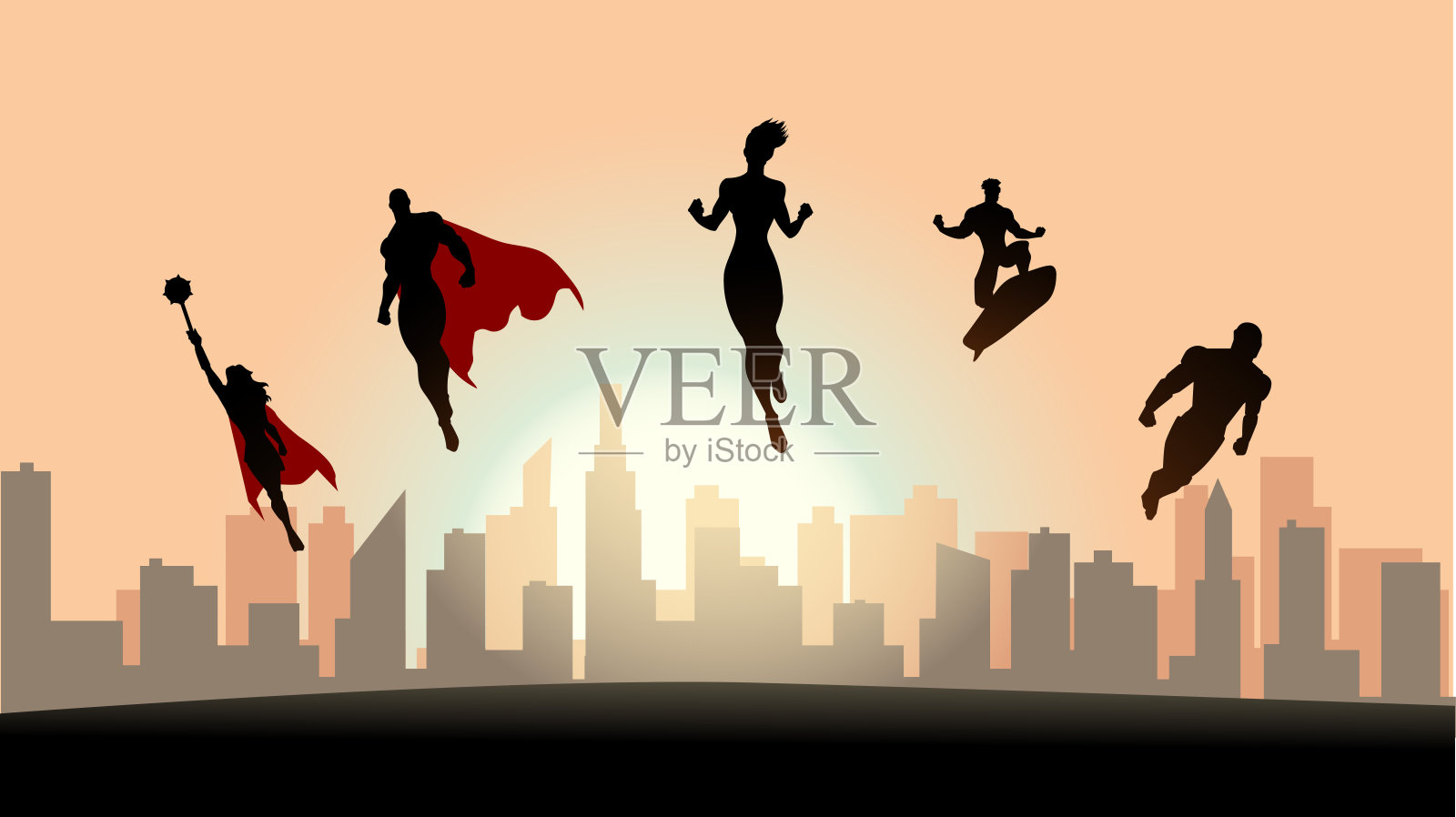 矢量超级英雄团队剪影在城市股票插图飞行插画图片素材
