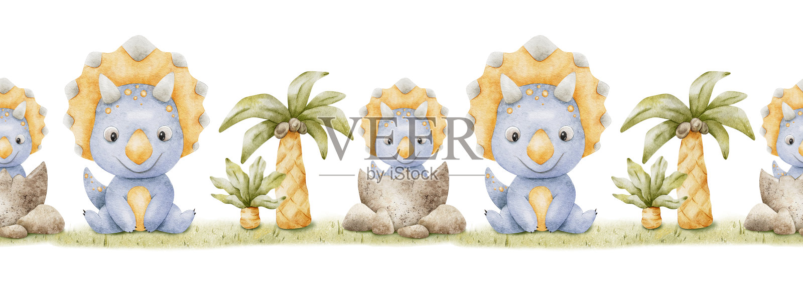 妈妈和宝宝三角龙恐龙，蛋，棕榈树，草地。幼稚的框架与恐龙。隔离手绘水彩无缝边框设计的儿童用品，壁纸，办公用品插画图片素材