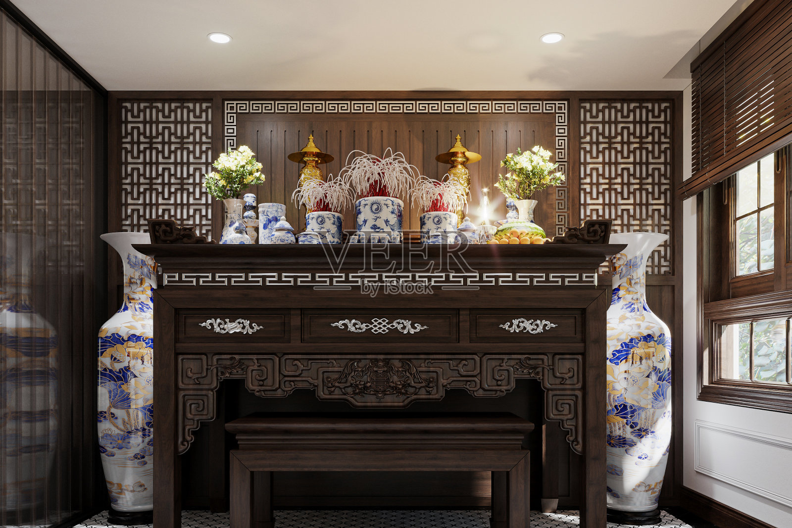 现代奢华正宗寺庙室内设计。三维渲染照片摄影图片