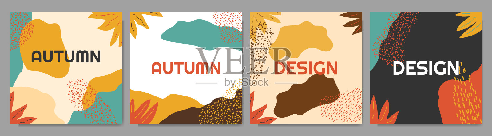矢量插图。一套时髦的秋季横幅。叶子，孟菲斯图案元素，斑点形状元素。自然场景背景。设计社交媒体模板，网页横幅，博客文章，封面插画图片素材