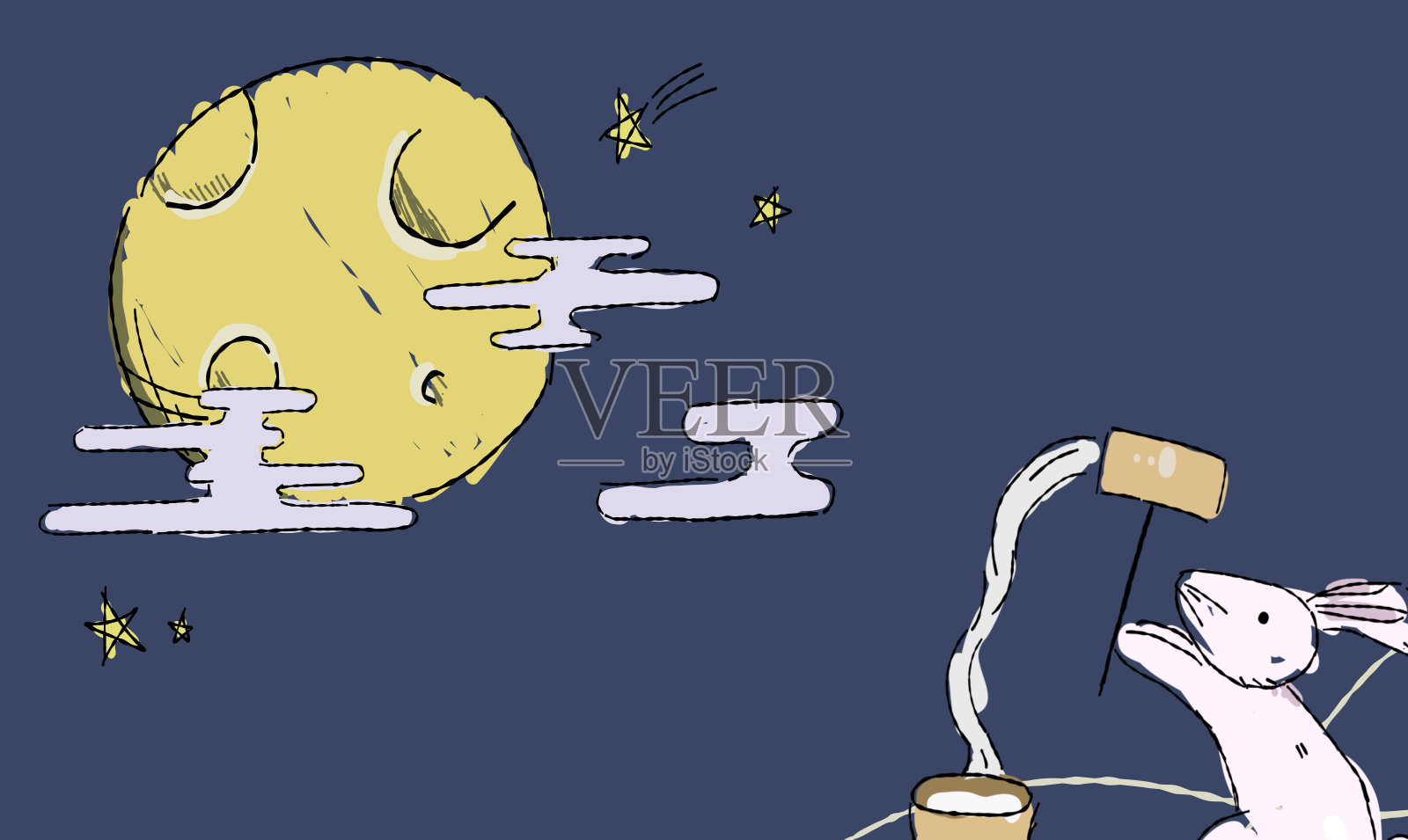以星空为背景，配以兔子捣年糕。手绘触笔画风。插画图片素材