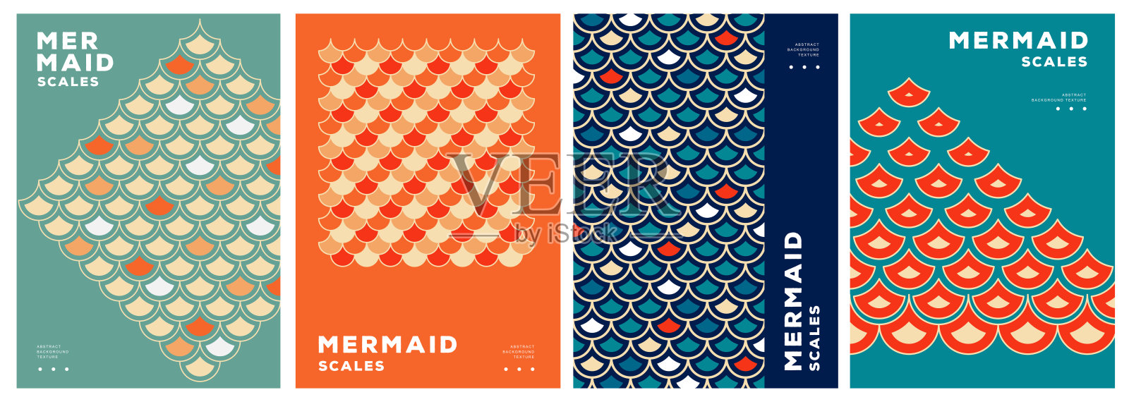 一套复古夏季迪斯科海报与美人鱼的规模抽象纹理。矢量图插画图片素材