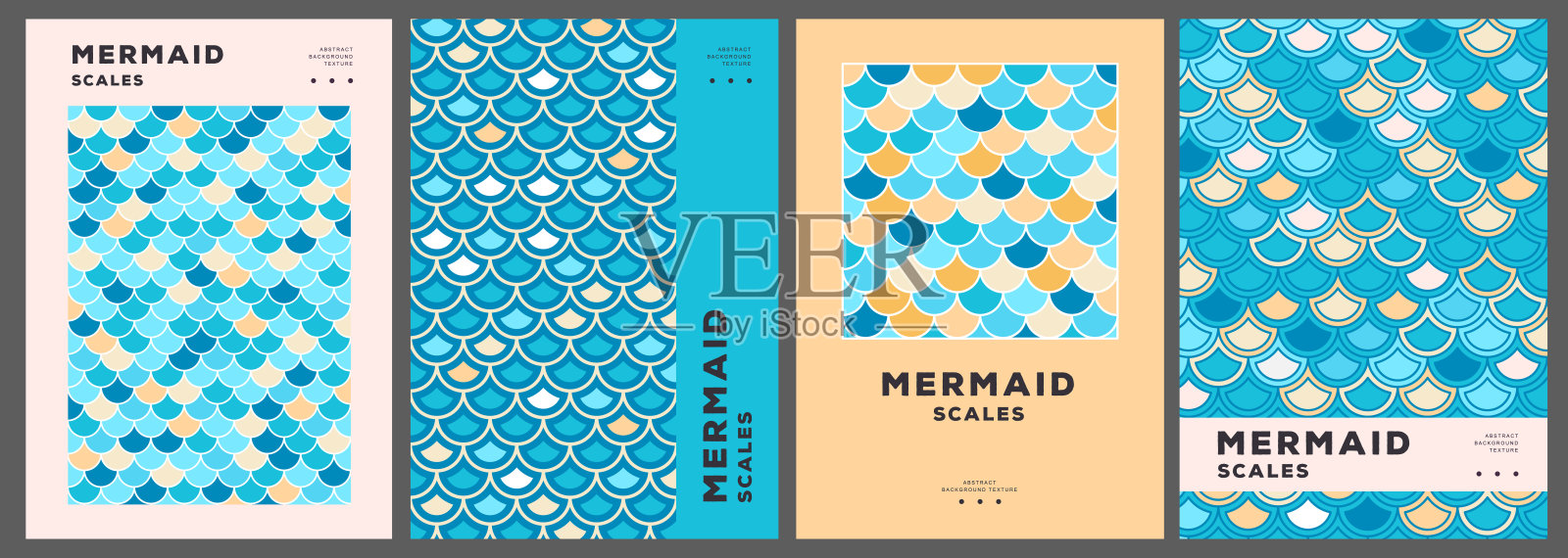 一套夏季迪斯科海报或封面与美人鱼规模抽象纹理。矢量图插画图片素材