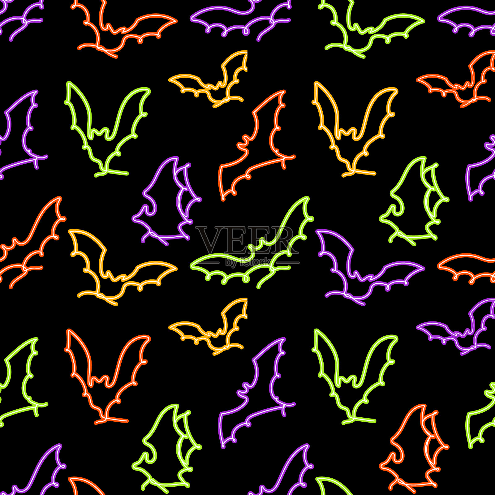 发光的霓虹飞行蝙蝠无缝图案。现代万圣节图案。适用于纺织品，织物，墙纸，包装，剪贴簿和包装插画图片素材