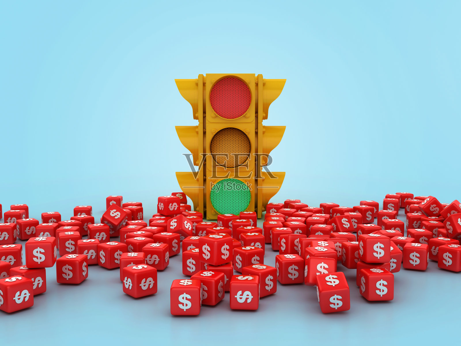 3D交通信号灯与美元符号块照片摄影图片