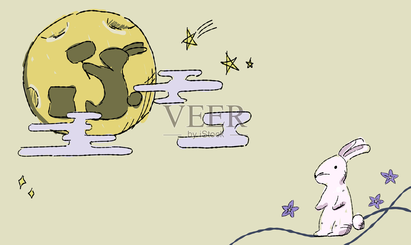 背景插图的星空，与兔子。手绘触笔画风。月亮上兔子的影子。插画图片素材