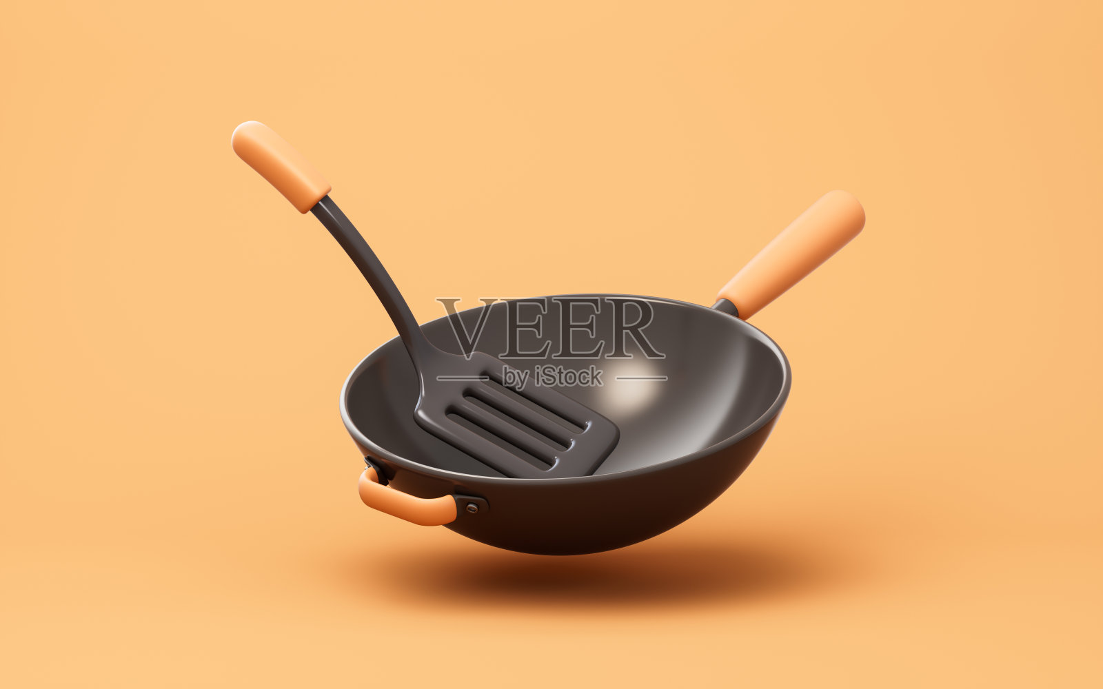 卡通风格的厨房用具锅和锅铲，3d渲染。照片摄影图片