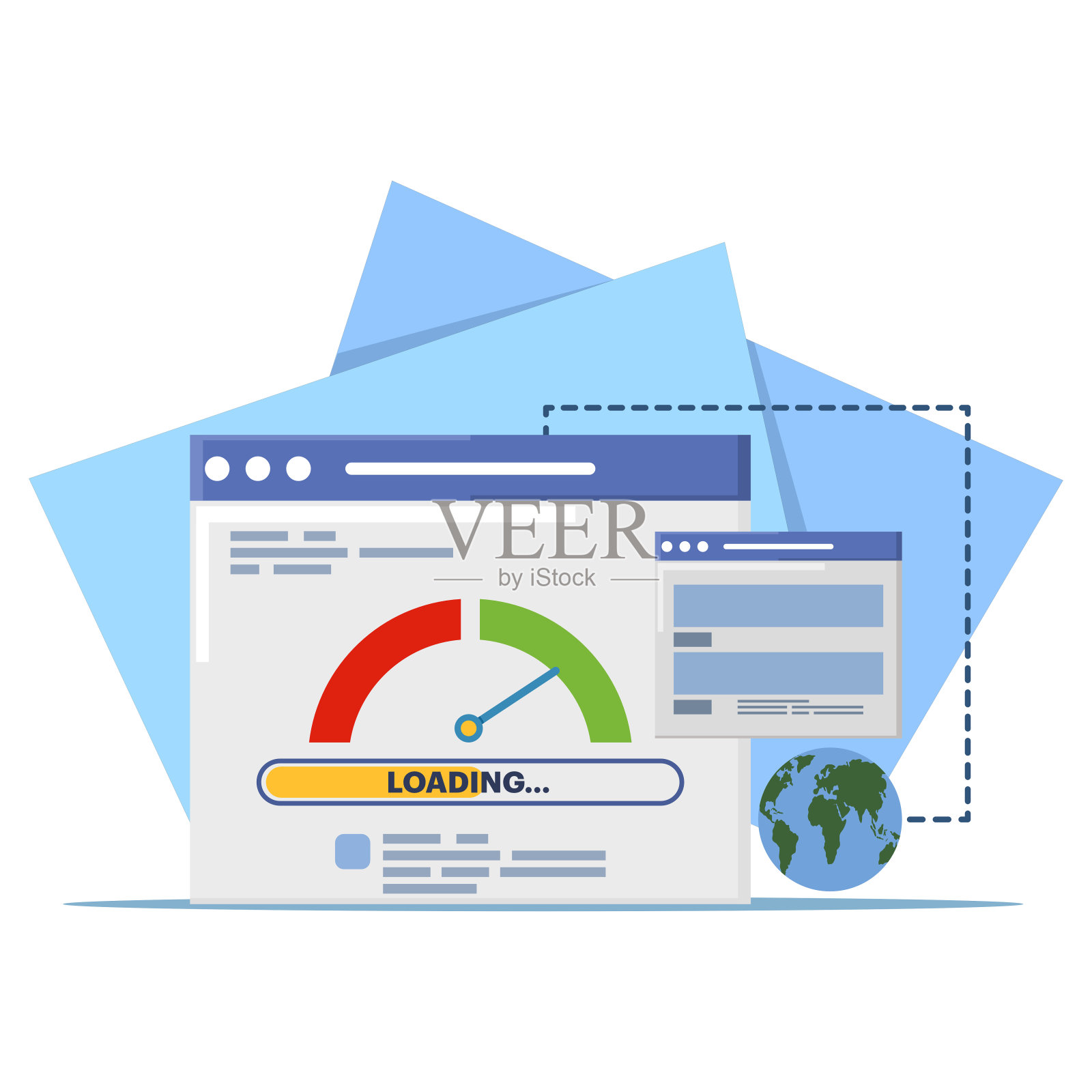 PC载入时间测速仪软件工具概念下载分数。网站网页加载速度或seo优化笔记本电脑网站性能测试检查平面矢量图标。插画图片素材