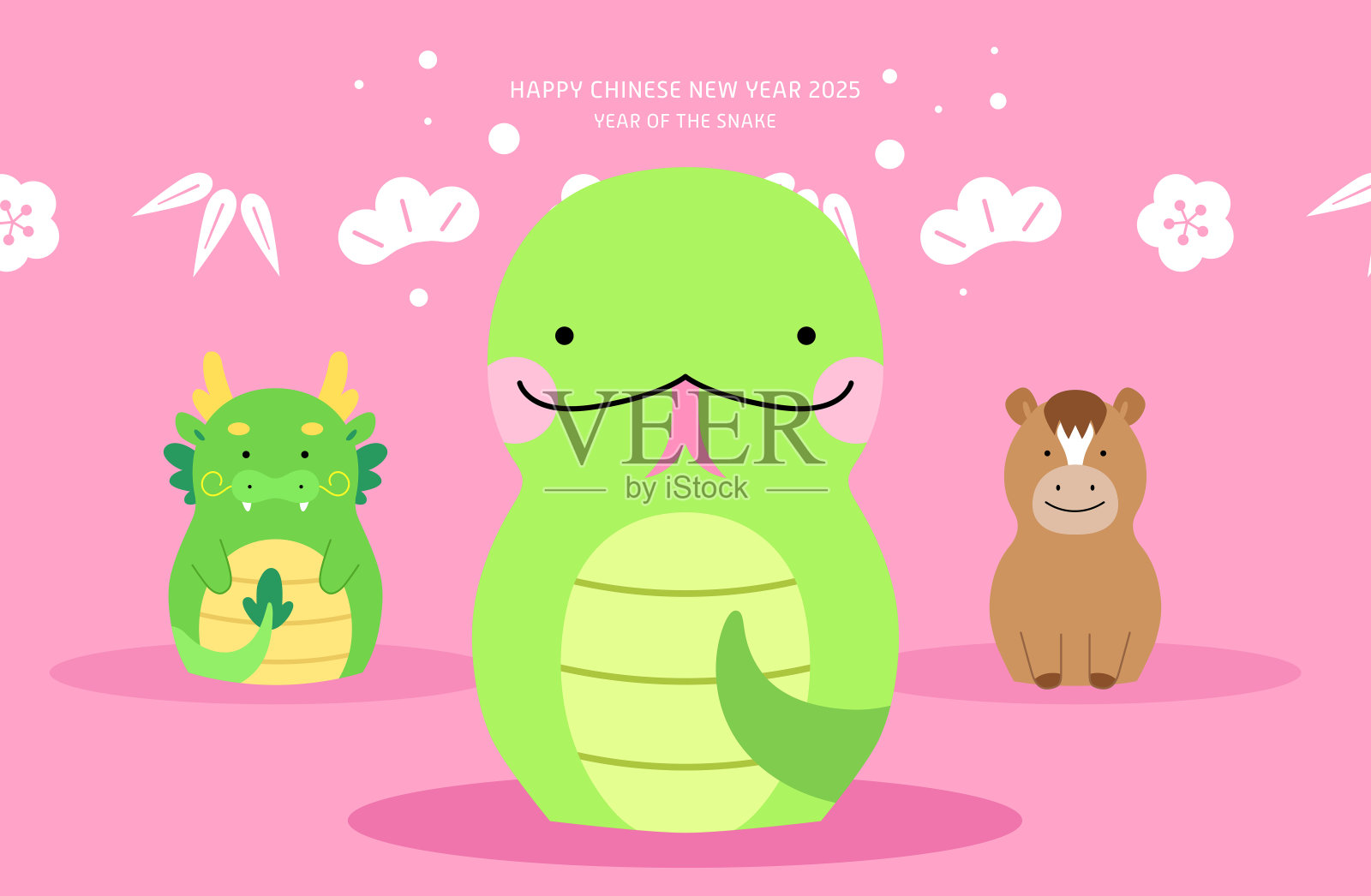 可爱的生肖动物蛇龙马年卡插画图片素材