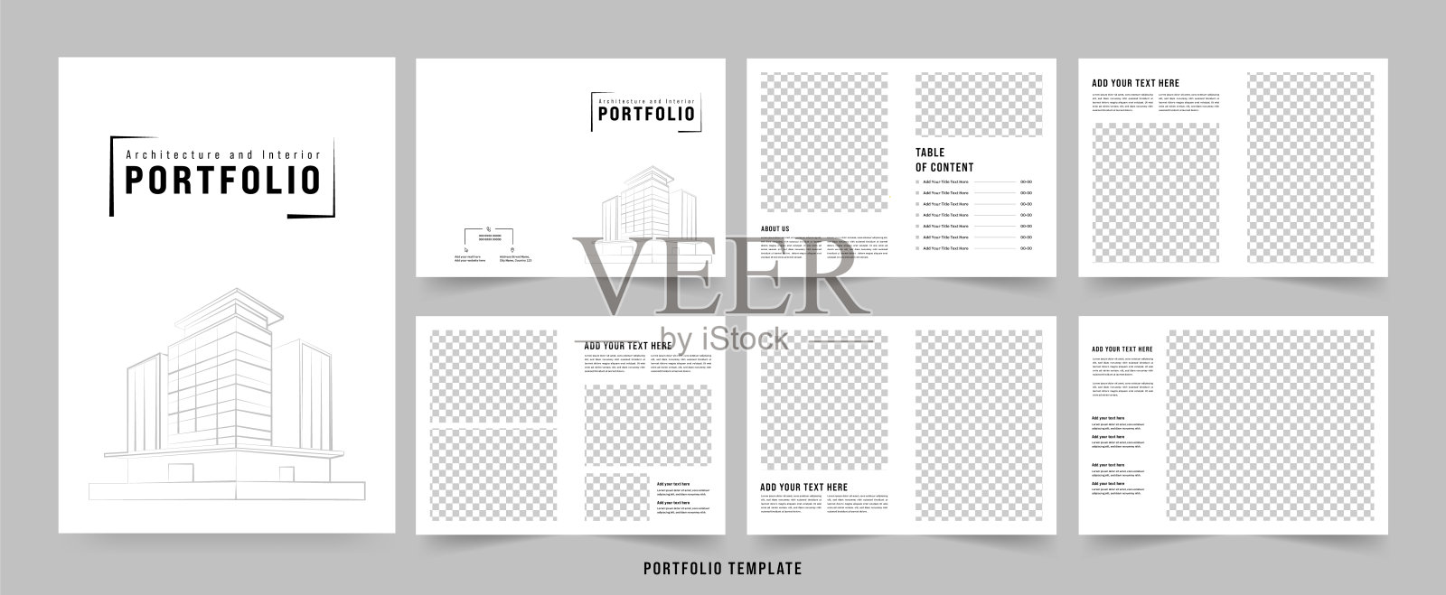 建筑作品集或室内作品集或房地产作品集模板，宣传册设计，作品集布局，插画图片素材