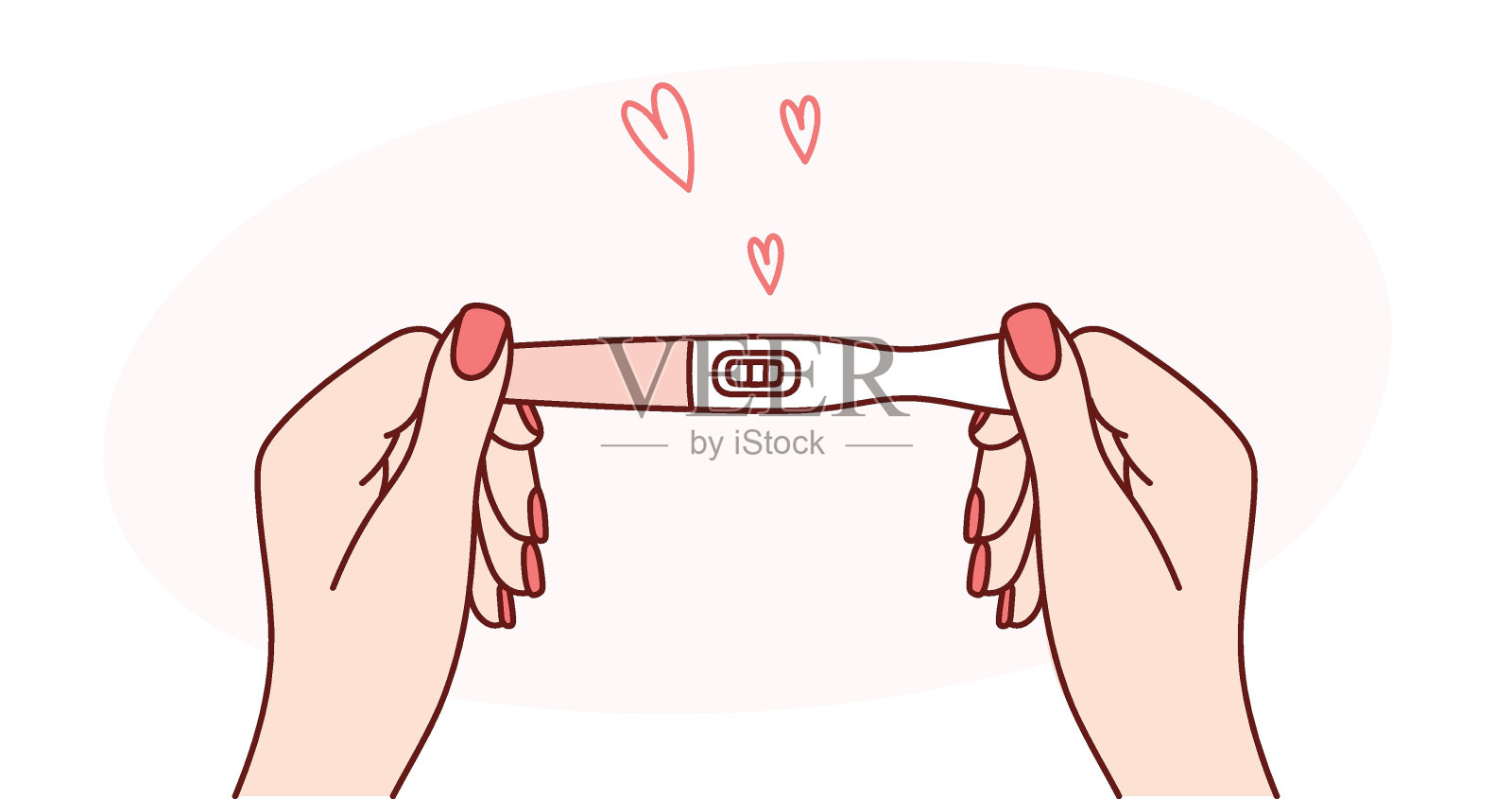 一个女孩手里拿着一个有两条条纹的验孕棒。向量线性图解。积极的结果。插画图片素材