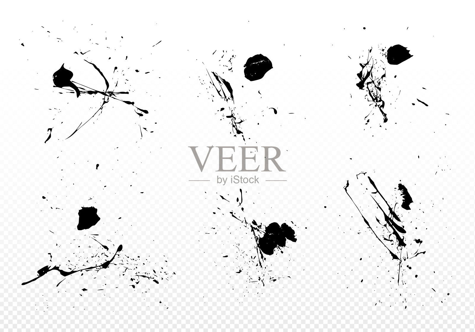 黑色矢量飞溅，污点，网点设置在垃圾风格隔离透明背景。插画图片素材