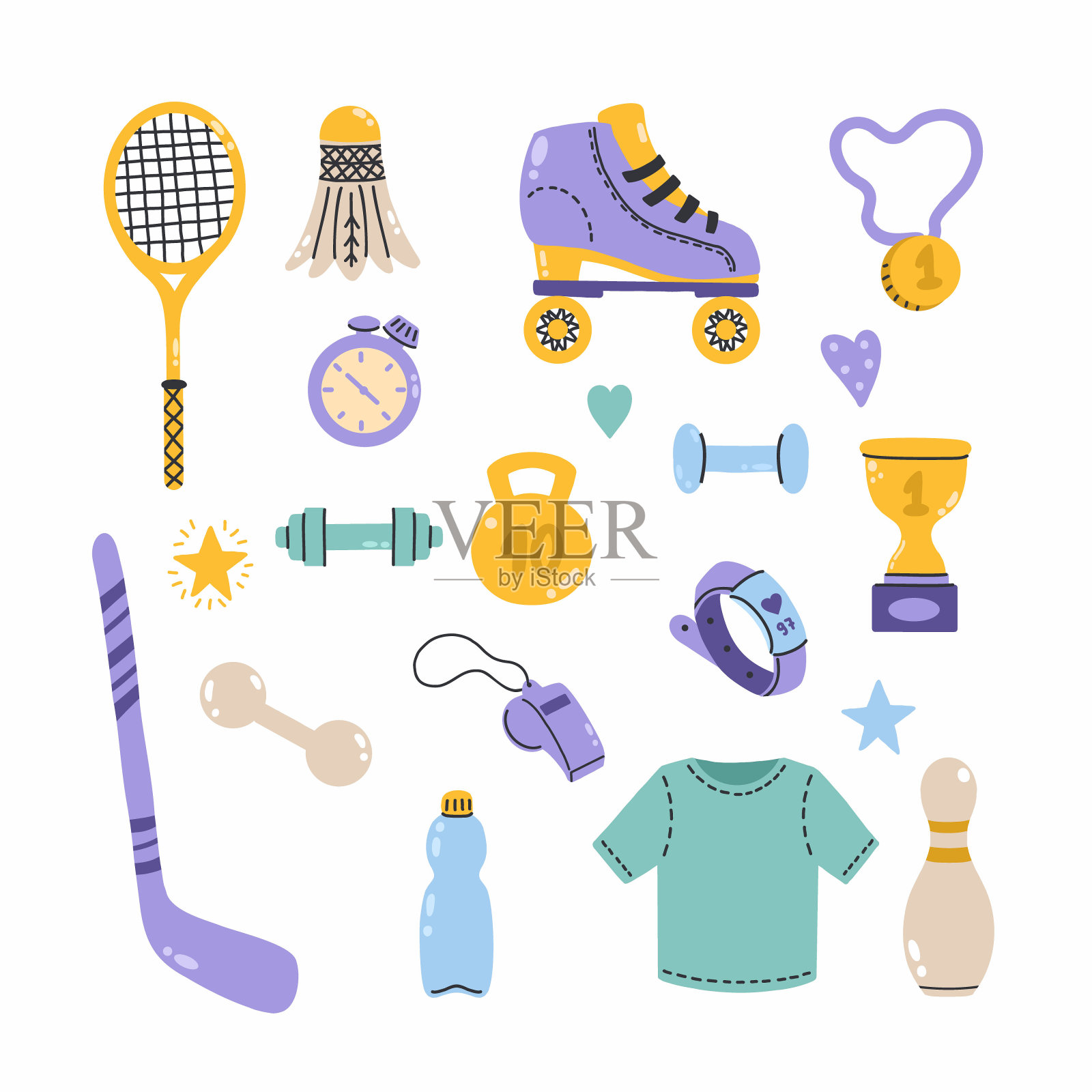 一套明亮的运动元素涂鸦风格。网球拍和羽毛球。户外活动用的旱冰鞋。冠军的奖牌和奖杯插画图片素材
