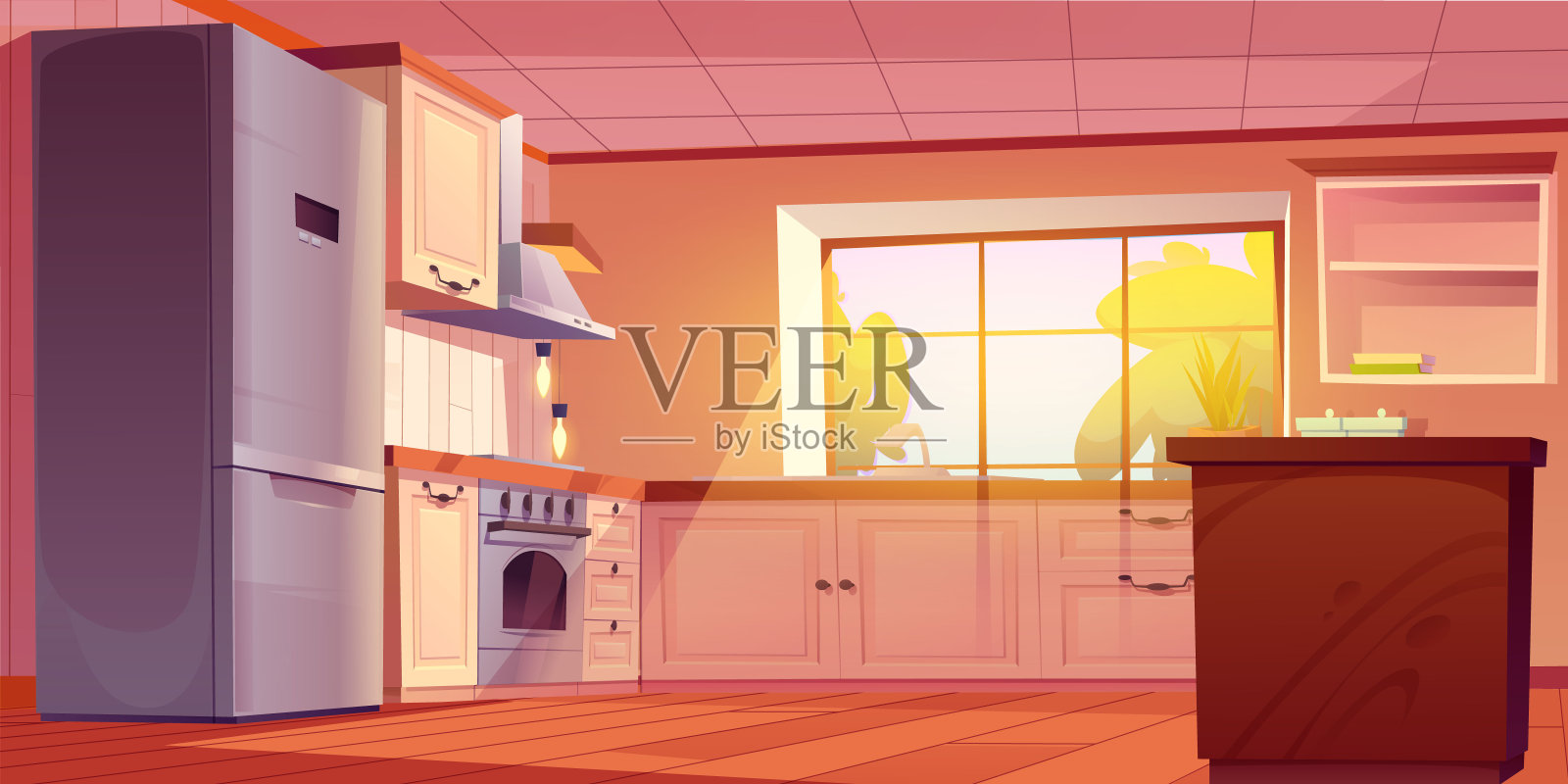 家庭厨房房间内部的卡通插画照片摄影图片
