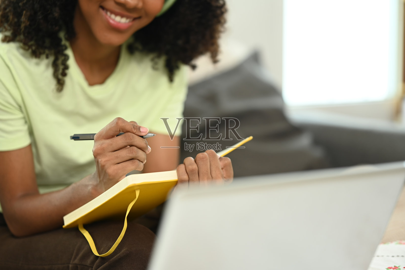 剪短的照片，微笑的年轻女子在客厅使用笔记本电脑，在笔记本上写字照片摄影图片