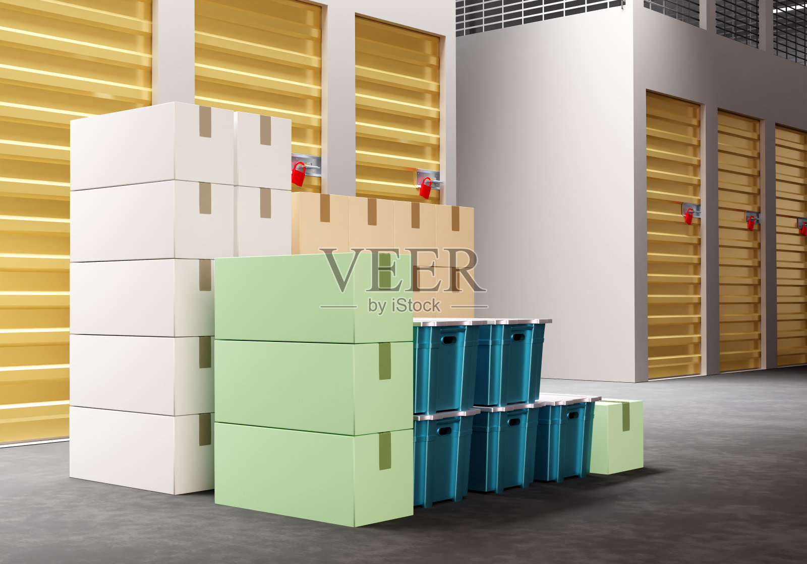 储藏室已关闭。箱子在储藏室里等着装。自存储单元租赁。仓库的房间和设备。自动仓库。有金门的仓库。3 d渲染。照片摄影图片