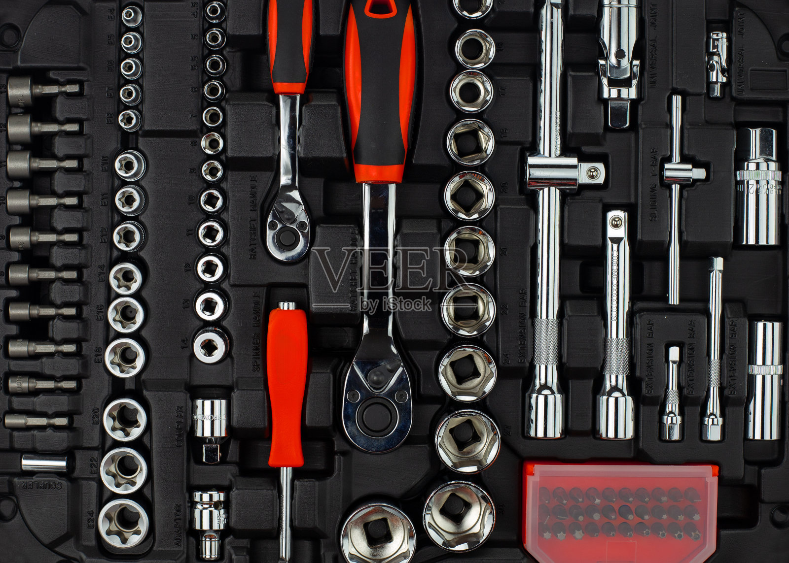 综合套筒扳手和工具集照片摄影图片