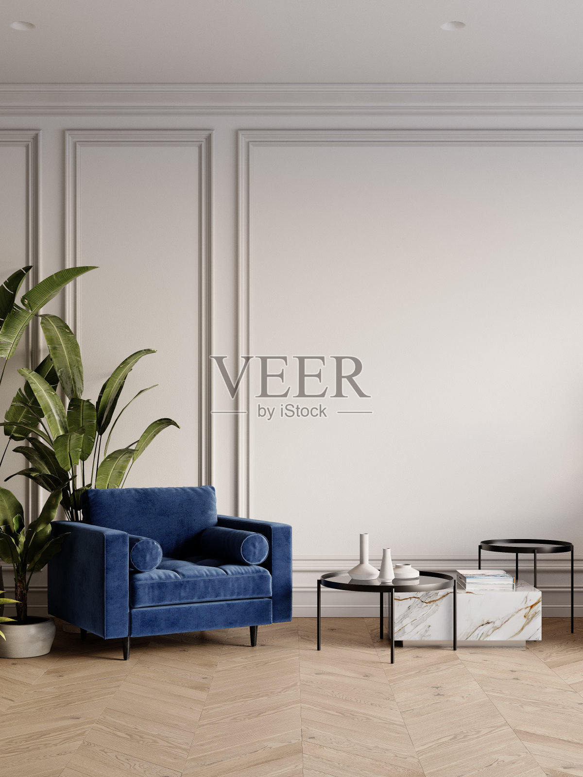 经典的白色内饰与蓝色扶手椅，咖啡桌，盆栽植物和装饰。3d渲染插图模型。照片摄影图片