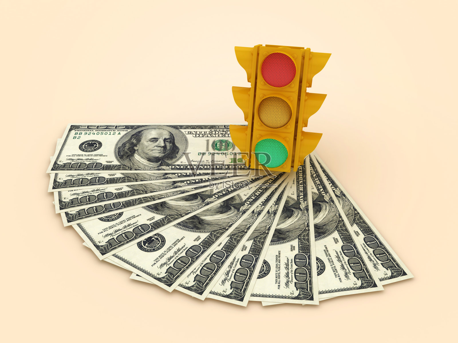 3D交通信号灯与美元钞票照片摄影图片