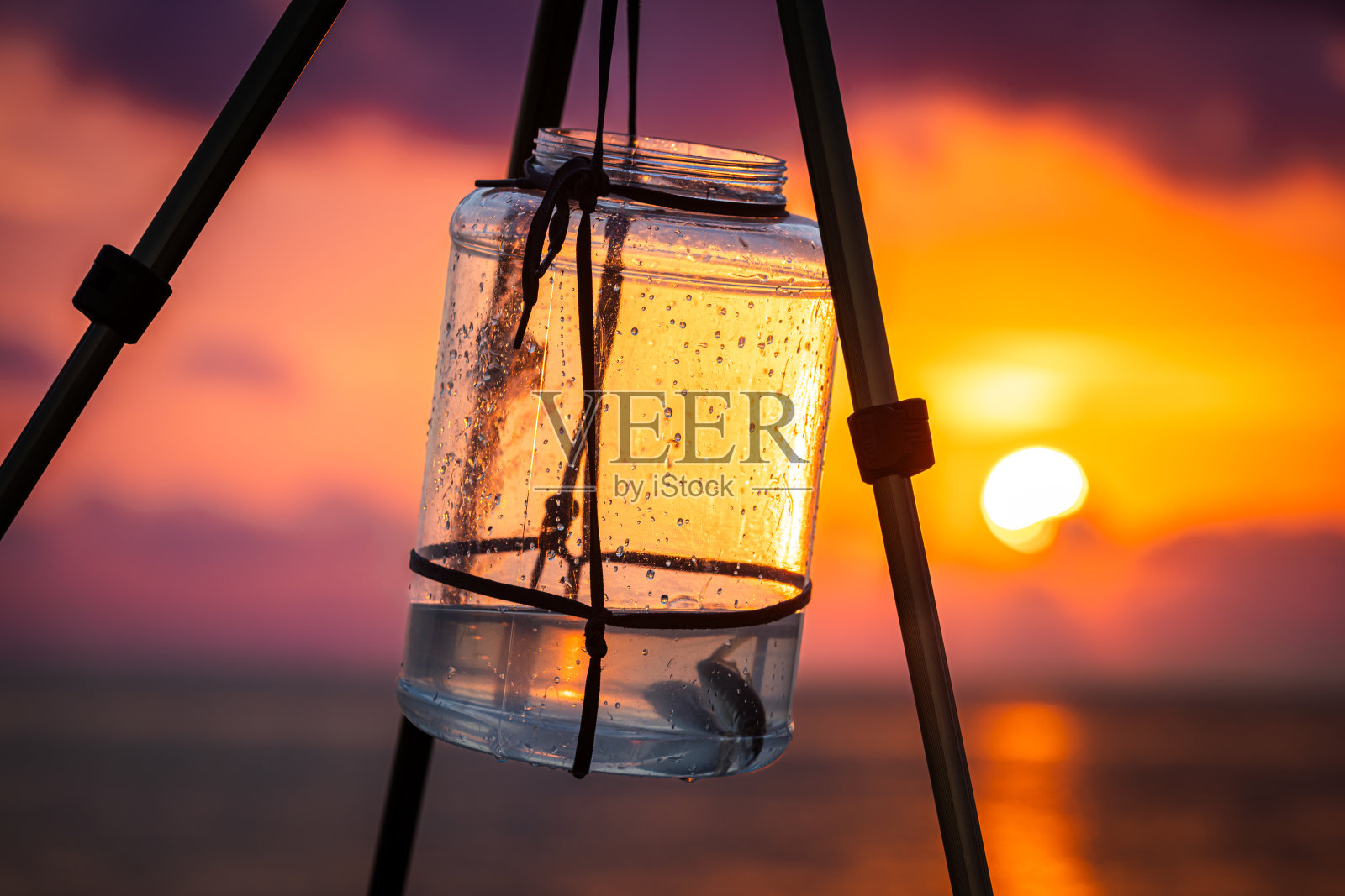 在日落时钓鱼。照片摄影图片