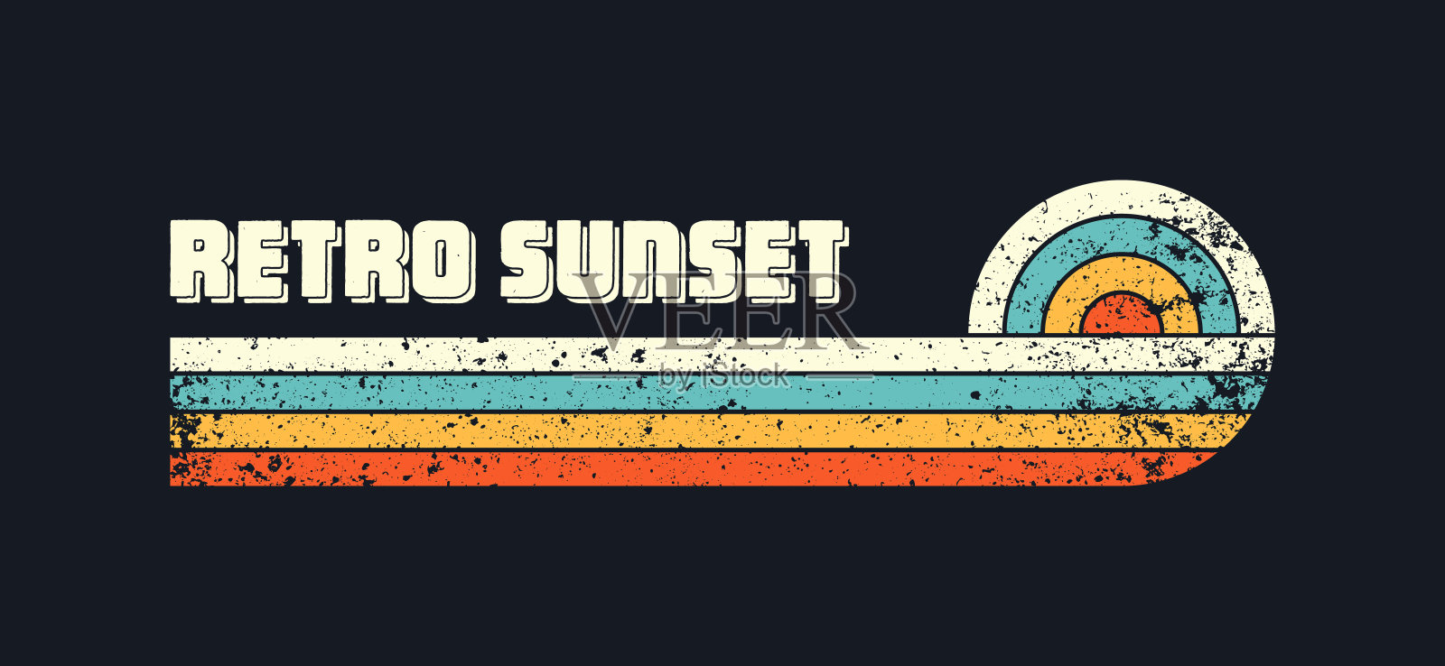 Grunge水平复古日落。各种八九十年代风格的彩色条纹日出徽章。阳光和海景，夏日氛围，冲浪。设计元素，印花，标志或t恤。矢量图插画图片素材