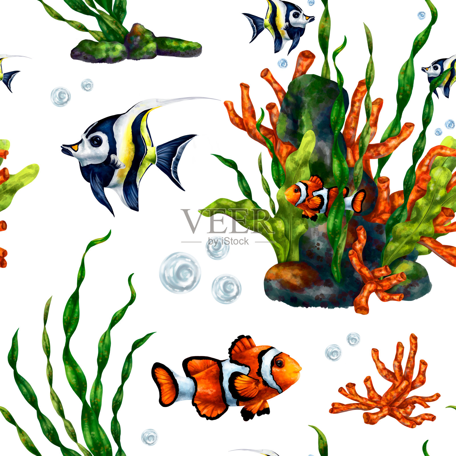 海洋里五颜六色的海鱼。绿藻中的热带水鸟。水下生活，潜水和浮潜，去异国情调的地方旅行。无缝图案，数字插图插画图片素材