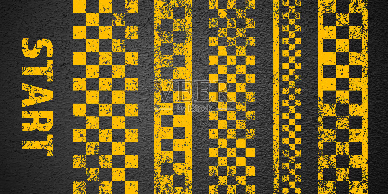 沥青路面用黄色起讫方格线标记，混凝土路面，纹理。街道交通专用道、道路分隔带。具有颗粒状结构的图案。矢量图插画图片素材