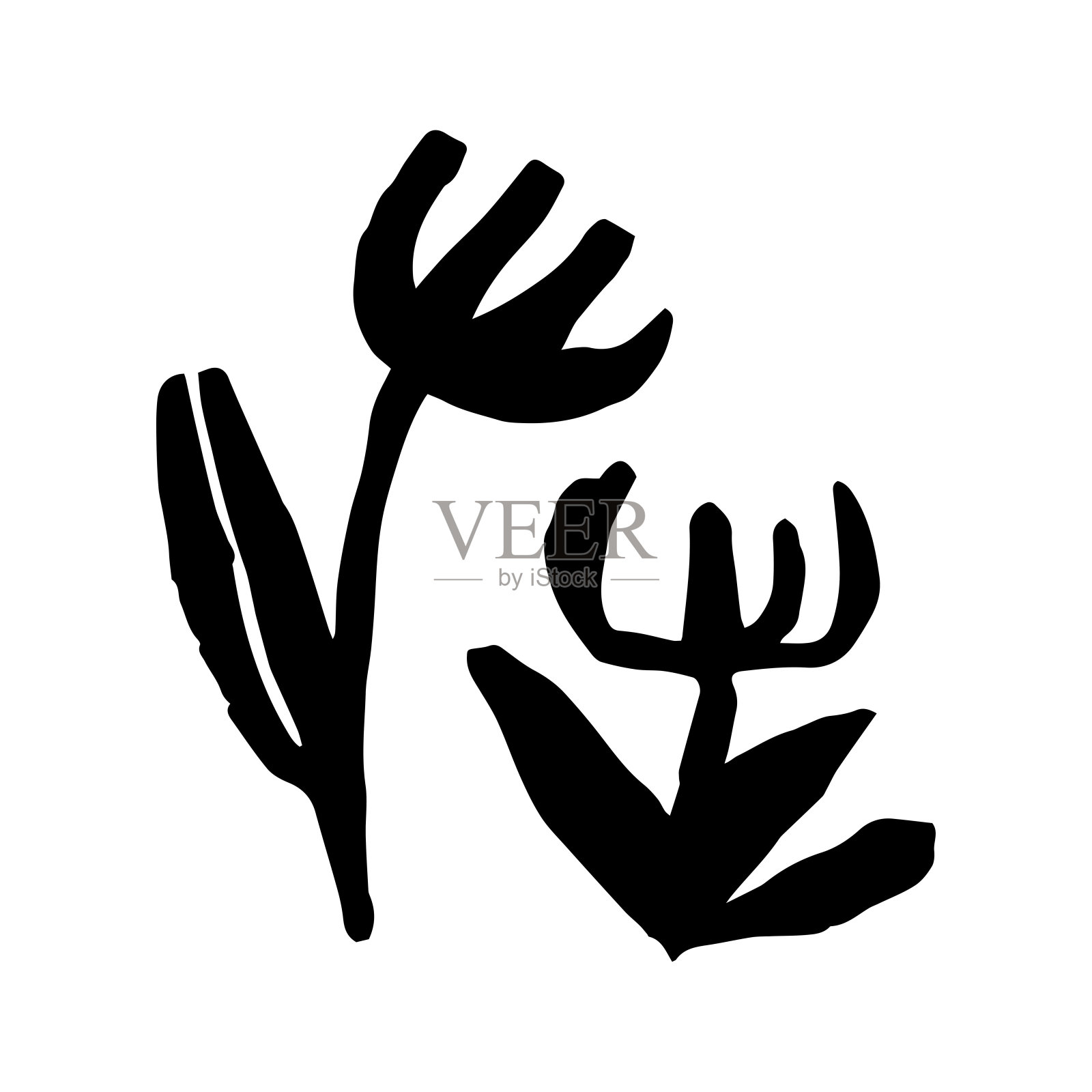 可爱的黑色花朵装饰，古怪的花朵天真的插图，矢量插画图片素材