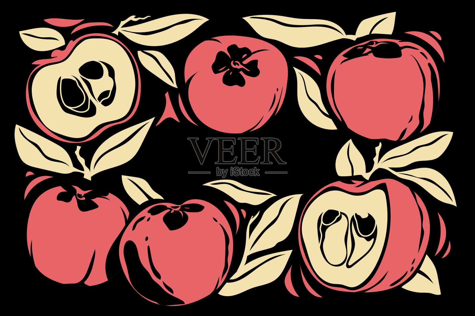 大量天鹅绒苹果果实与雕刻风格的背景或模板插画图片素材