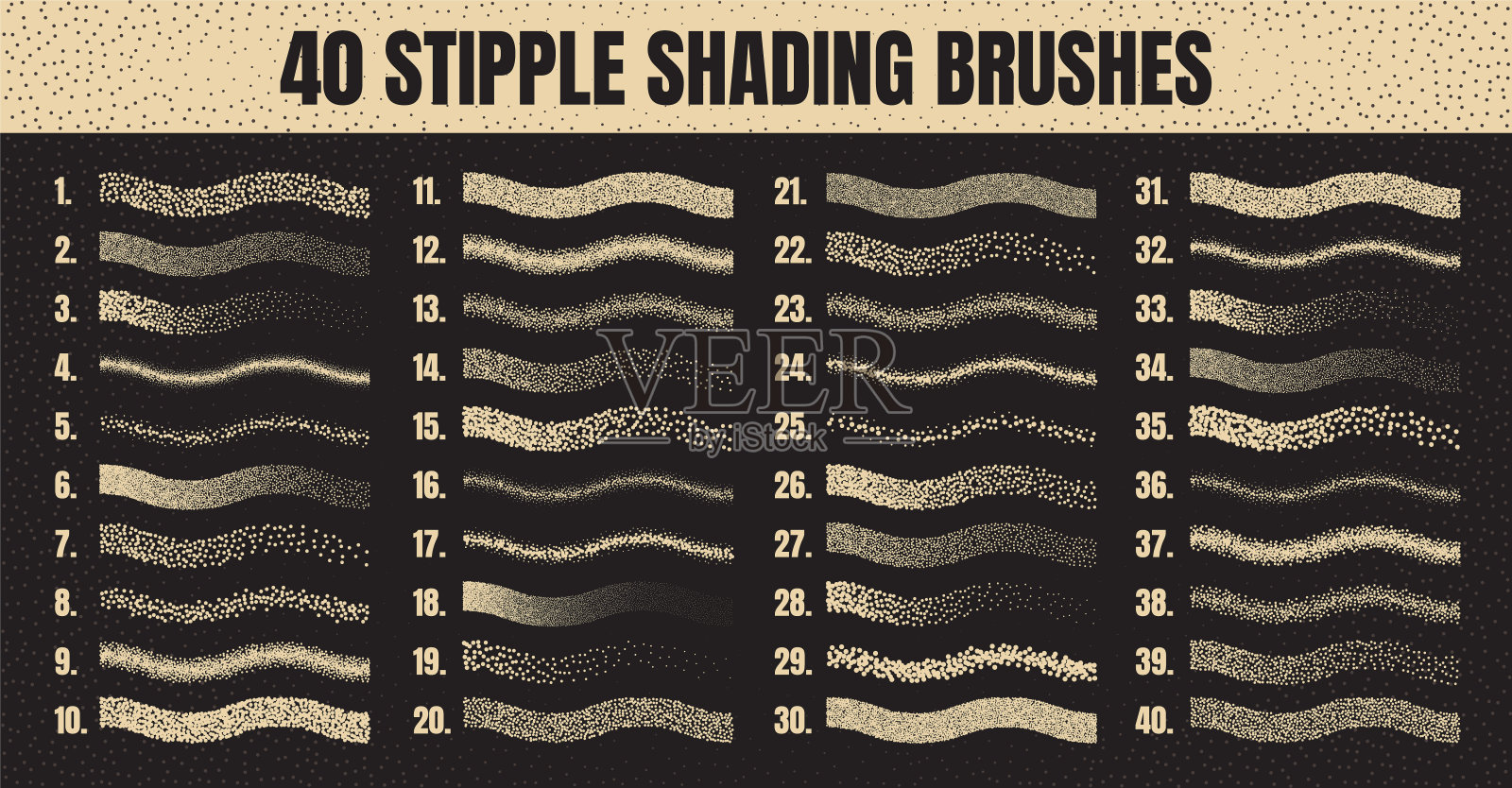 点画散刷，水墨绘制和纹理。衰减梯度。点画，点画，使用点绘制阴影。半色调解体效果。白噪声颗粒状纹理。矢量图插画图片素材