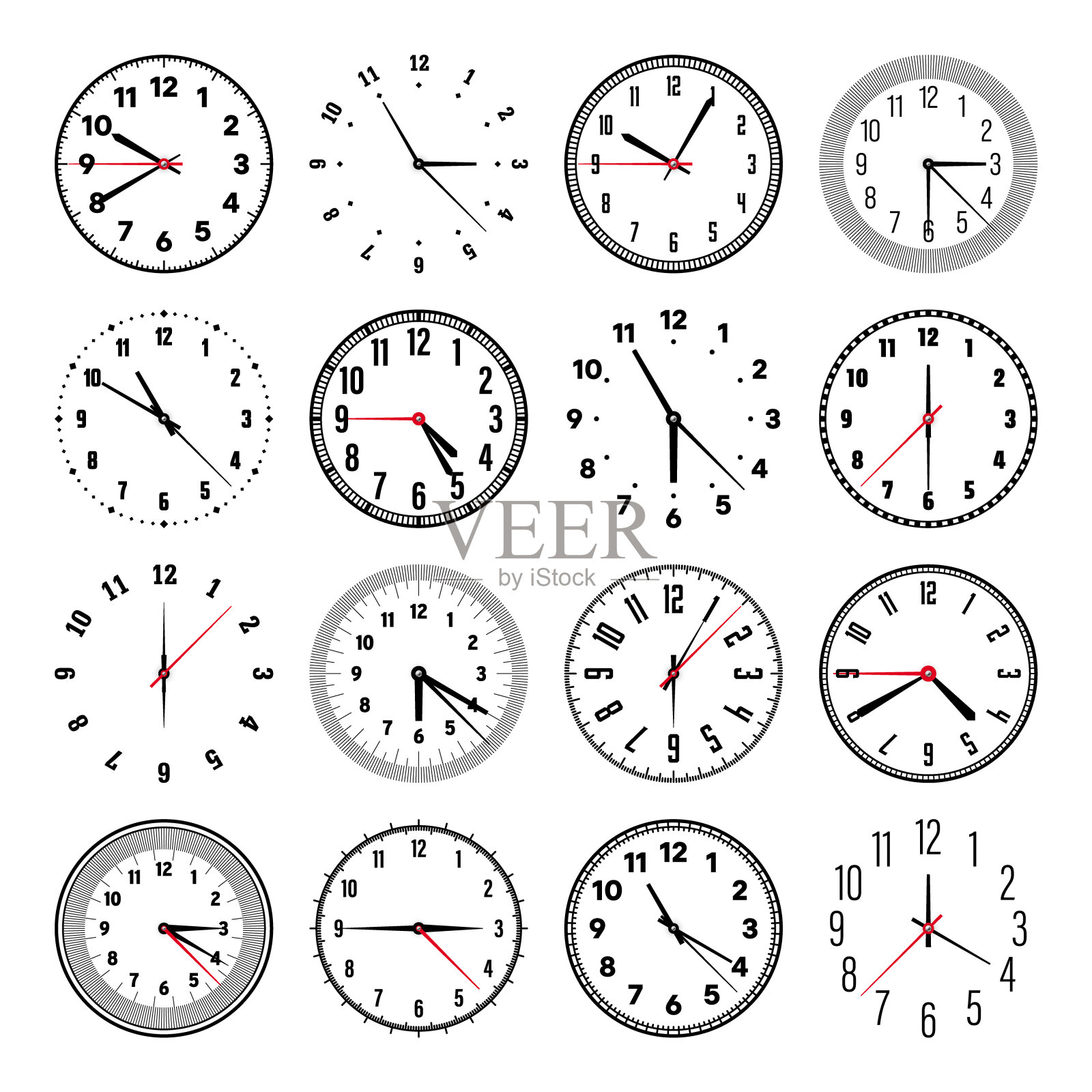 机械钟面有指针、表圈。手表表盘与分钟，小时标记和数字，阿拉伯数字。计时器或秒表元件。用分法测量圆刻度。矢量图插画图片素材
