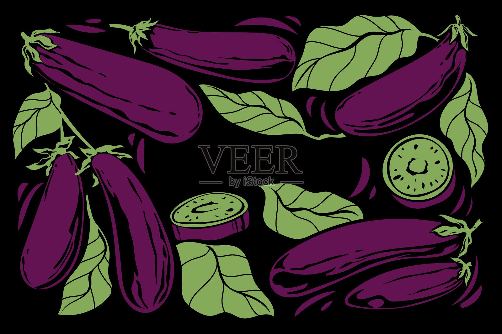 大量的茄子与雕刻风格的背景或模板插画图片素材