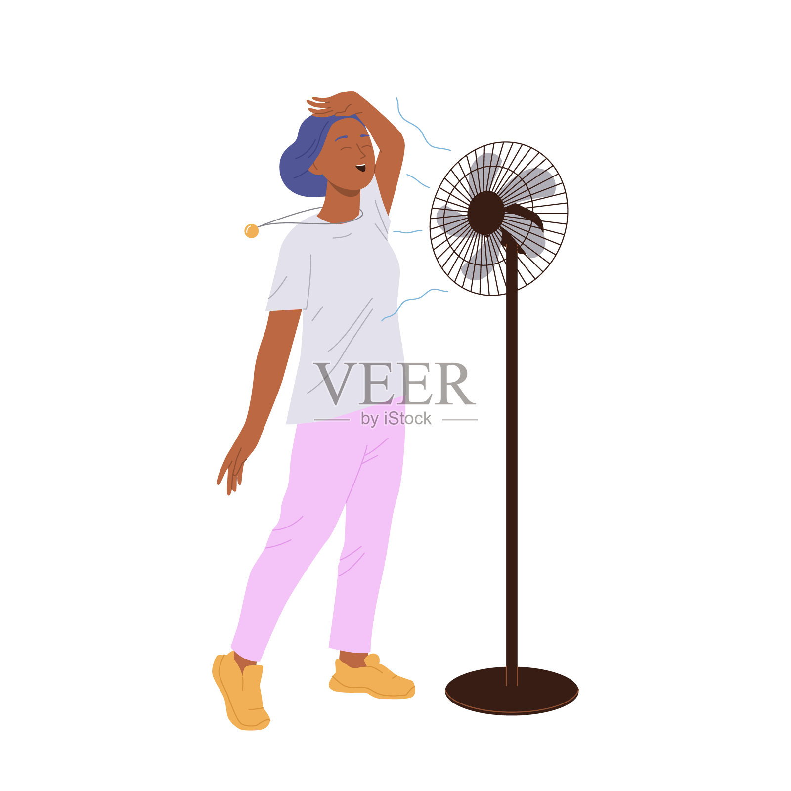 开朗的年轻女性卡通人物在展台上用电动通风机降温插画图片素材